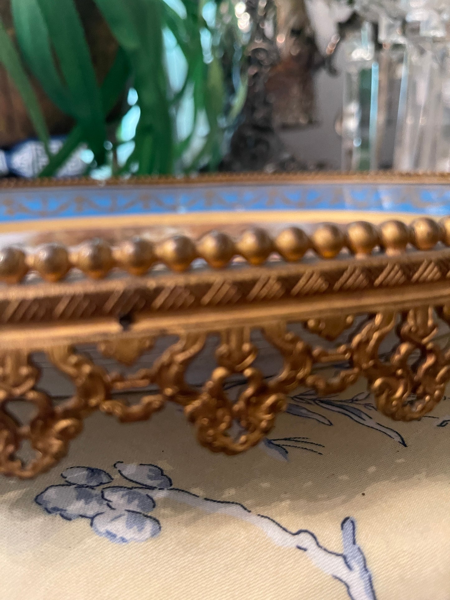 XLARGE French Porcelain Sevres Style Tray with Gilded Tole Trim, Pastoral Courting Scene in the style of Boucher