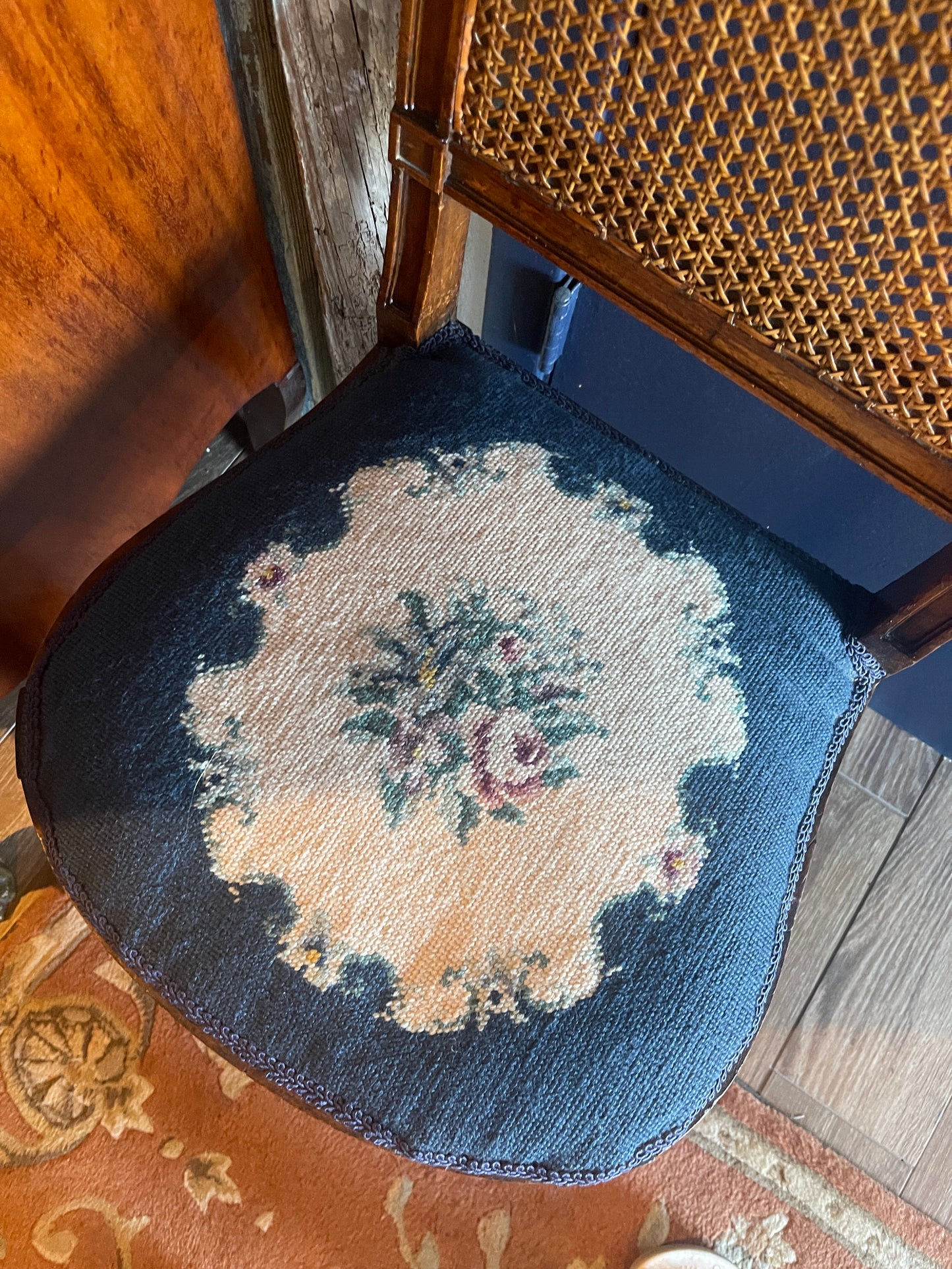 Antique French Needlepoint & Cane Chair — Louis XVI Style, Handcrafted Elegance - PICK UP ONLY