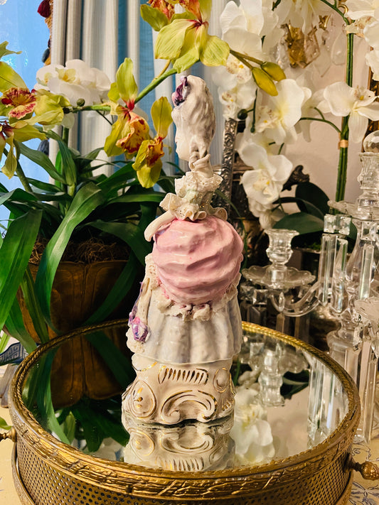 Vintage Whimsically Romantic Cordey Marie Antoinette–Inspired Rococo Lady Statuette | 11” | pink with Purple Bows