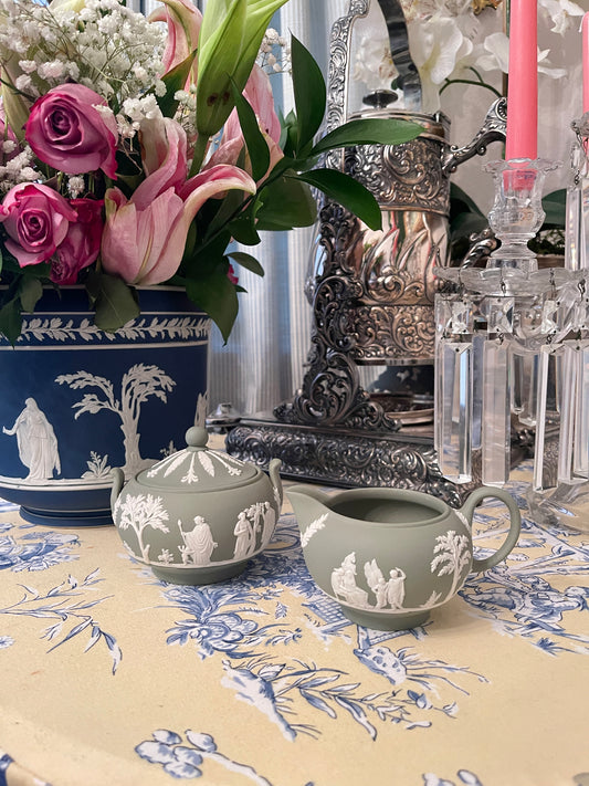 Wedgwood Cream and Lidded Sugar Bowl Set, Cream on Sage Jasperware, Vintage