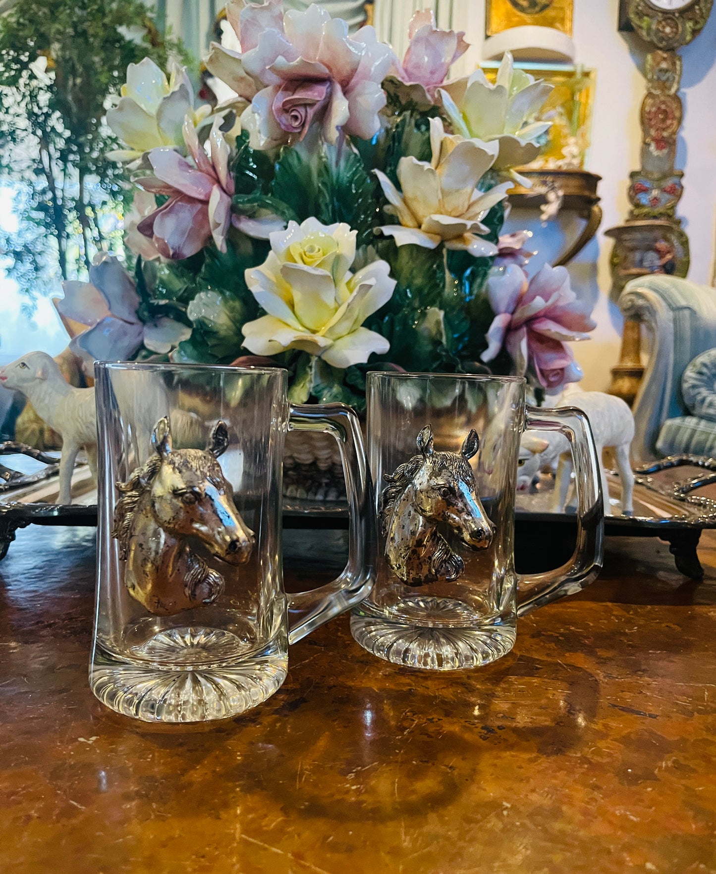 Arthur Court Horse Mugs, Pair, 1987, Vintage Bar Ware