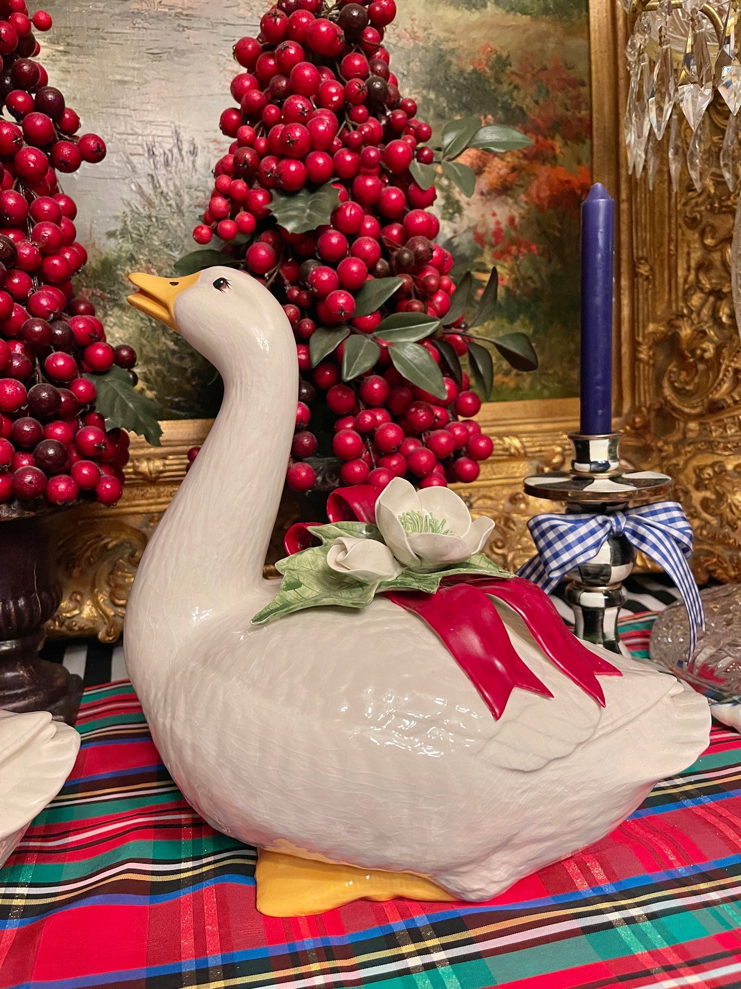 Vintage Christmas Geese with White Flowers and Red Bows, Hand Painted