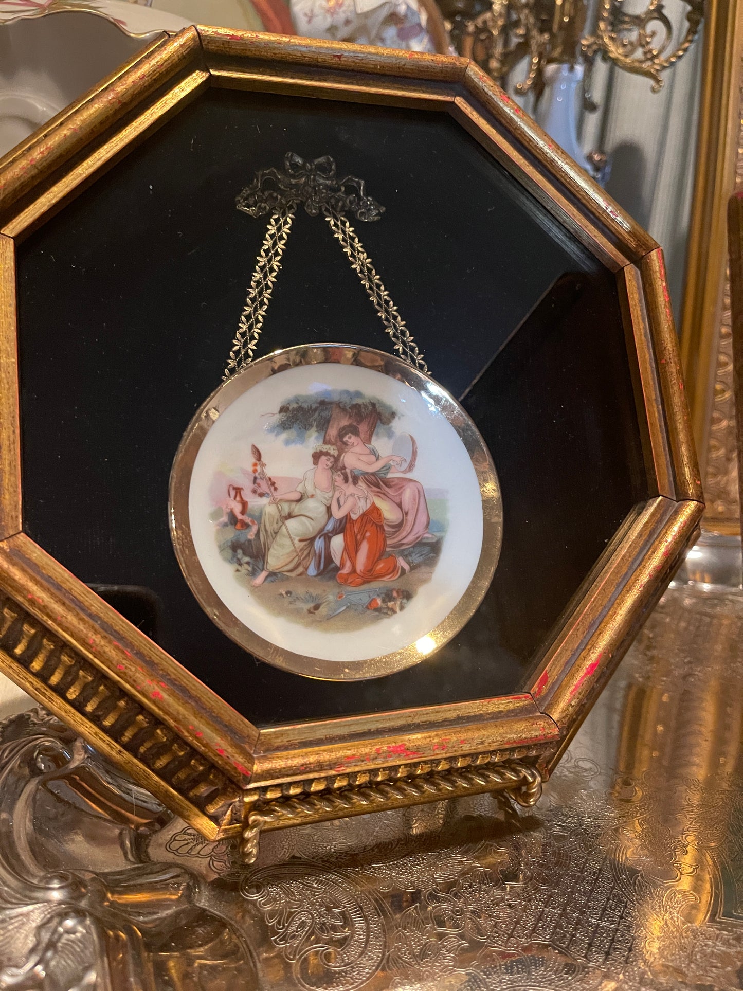 Framed French Victorian Plates with Filigree Tole Bows, Pair, Vintage