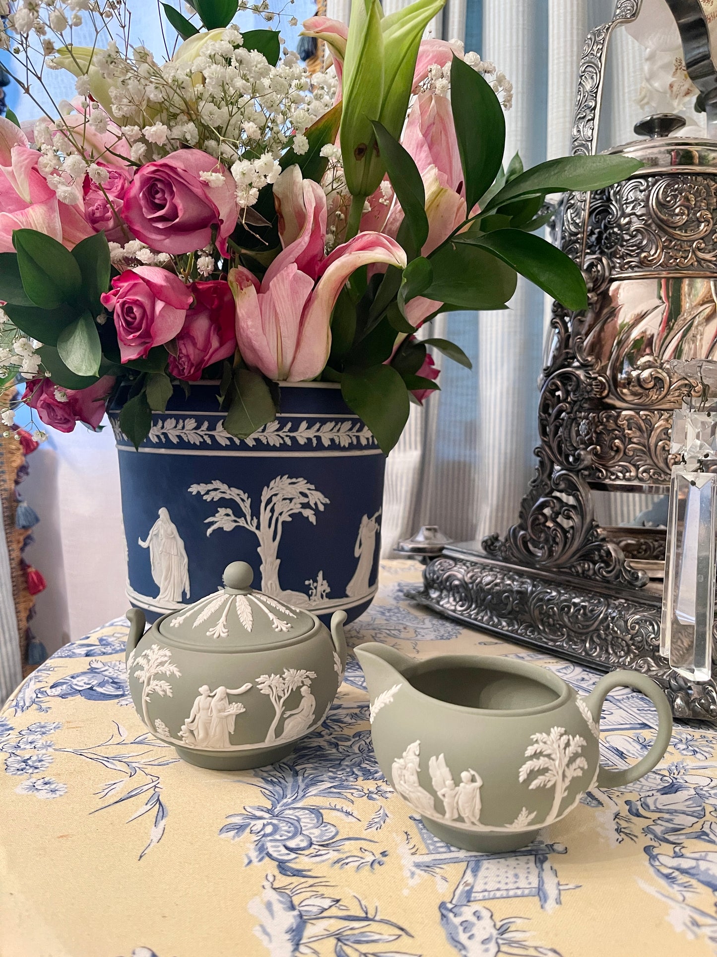 Wedgwood Cream and Lidded Sugar Bowl Set, Cream on Celadon Jasperware, Vintage