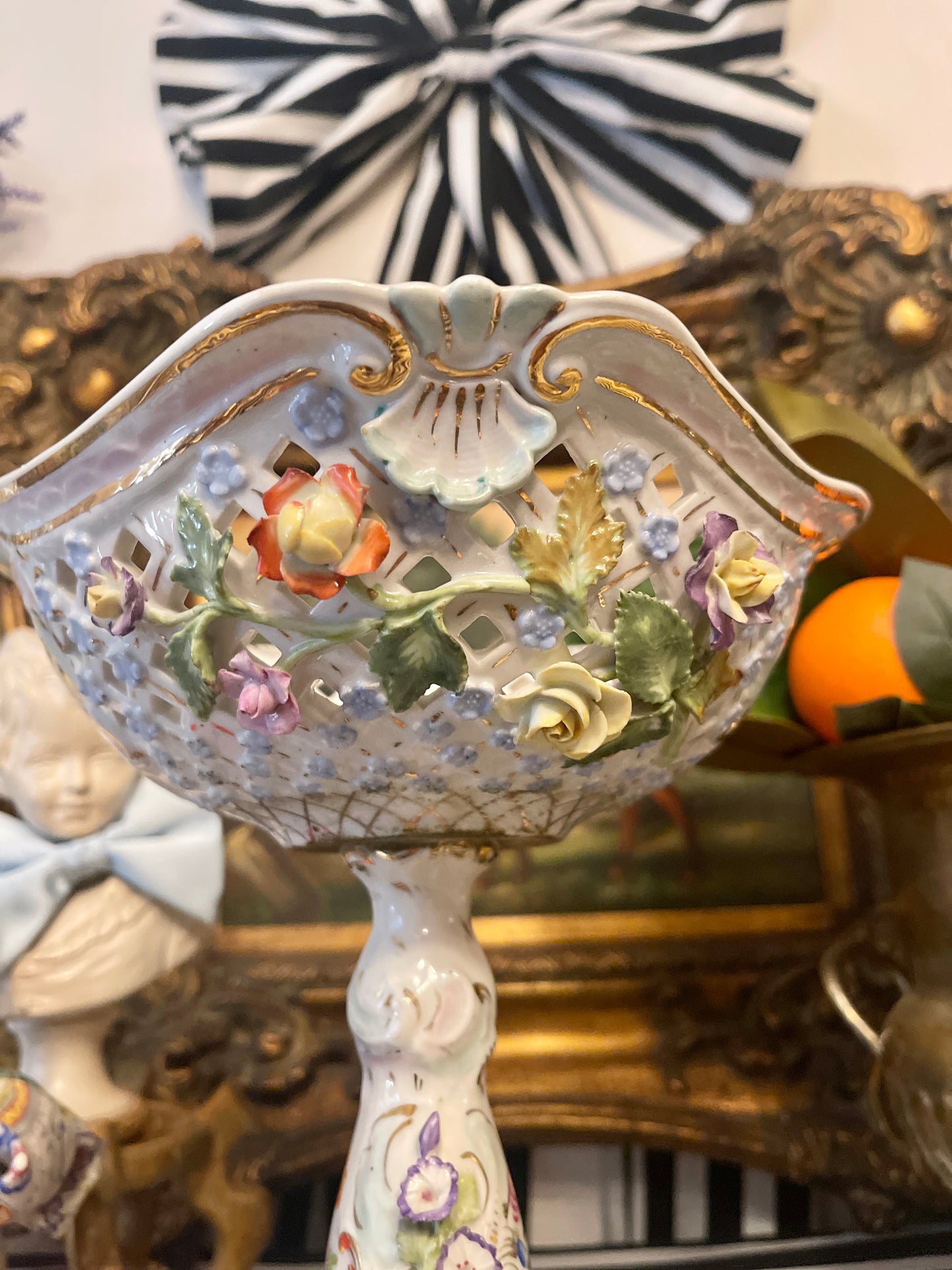 Antique Dresden Footed Reticulated Baroque Compote, Hand Painted Pink Bows and Applied Flowers