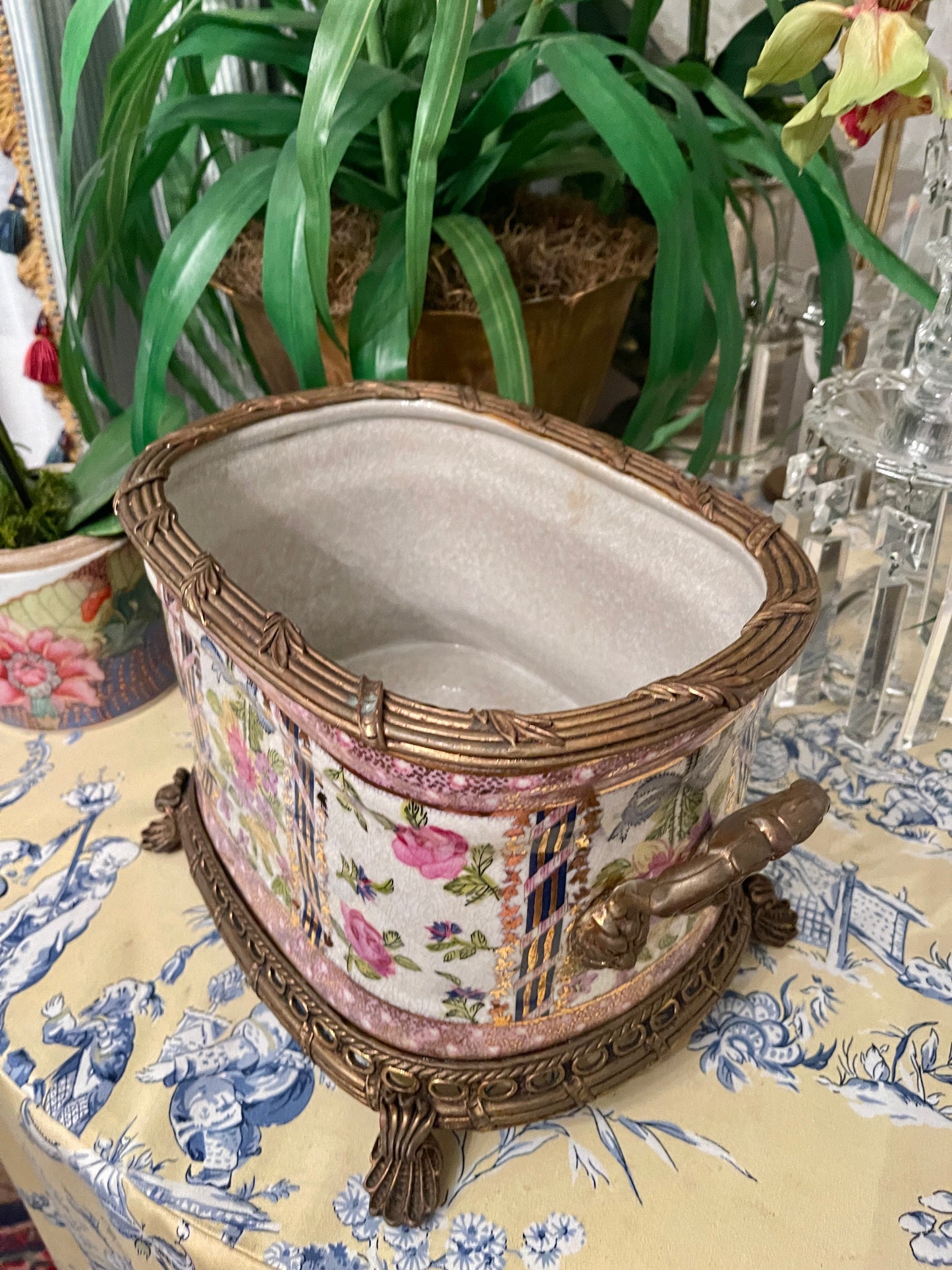 Vintage Floral Porcelain and Ormolu Shell Footed Planter, Blue Bow, Double Handled