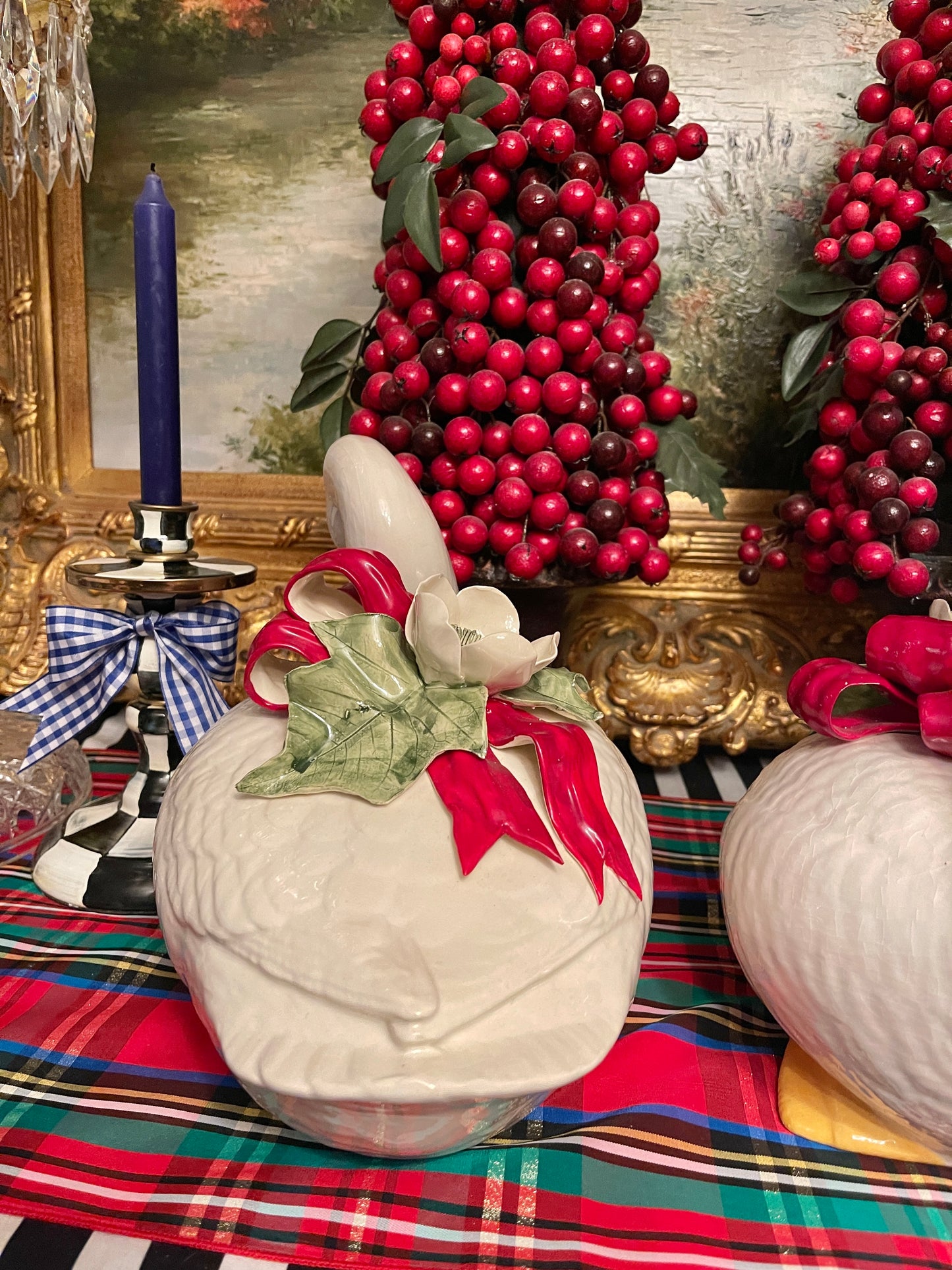 Vintage Christmas Geese with White Flowers and Red Bows, Hand Painted