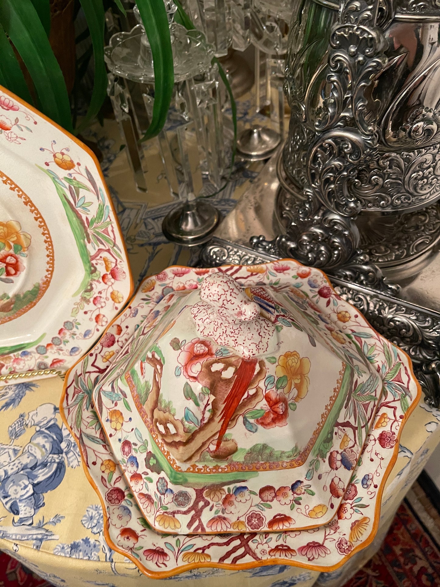 Antique Chinoiserie Birds of
Paradise Lidded Dish and Underplate by Ashworth
Bros. Hanley, Staffordshire England, Mason's Ironstone, Chinoiserie Chic