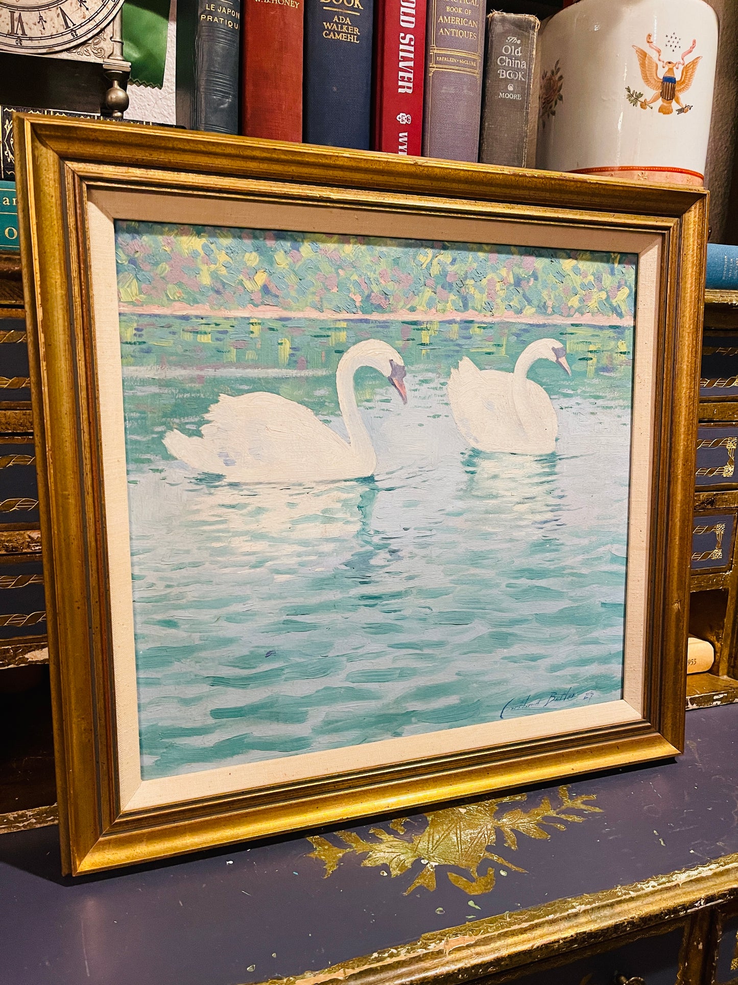 Vintage Swan Painting by Courtland Butler, artist Signed, Estate Art