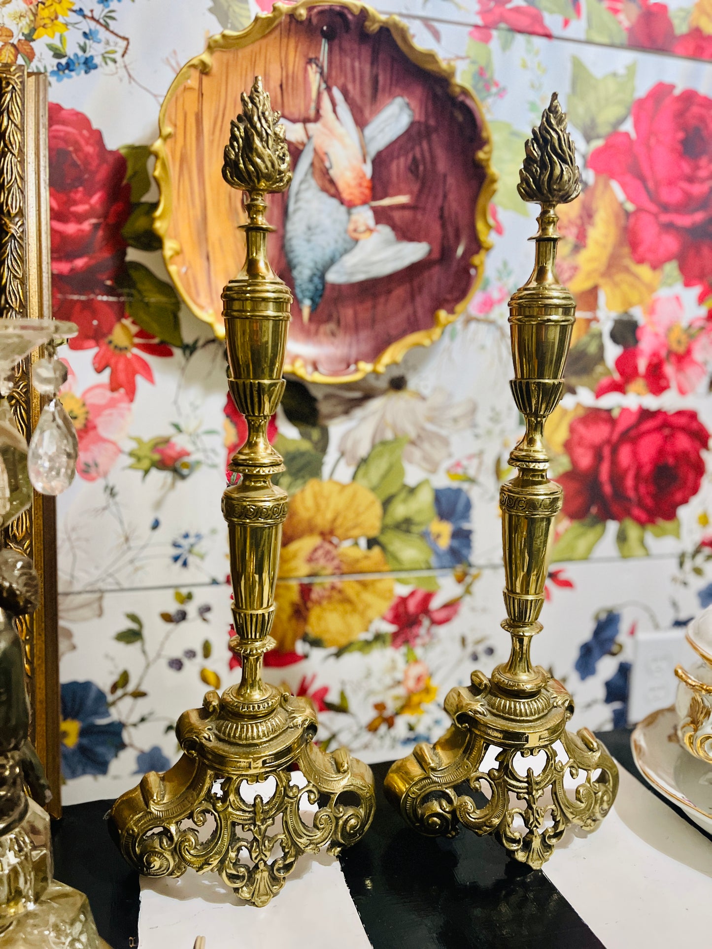 French Empire Style Ormolu Brass Andirons with Flame