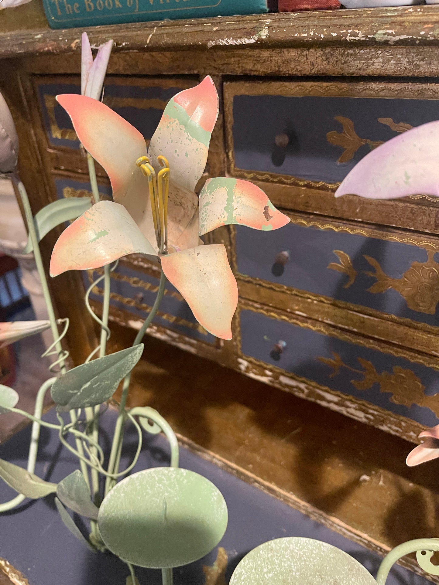 Vintage Tole Pink and Green Lily Candle Sconces, Pair, Chippy Paint, Cottage Chic