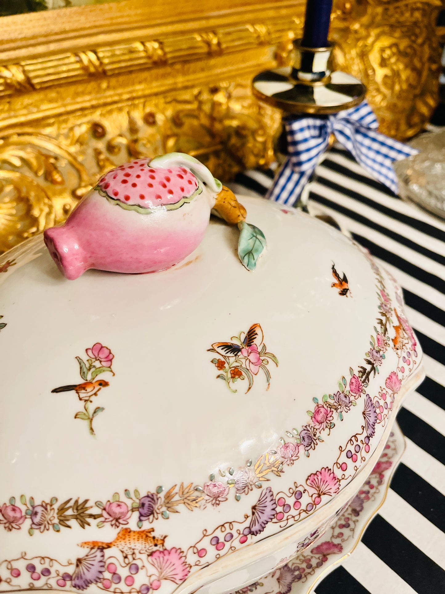Vintage Chinoiserie Hua Ping Tang Zhi Lidded Tureen with Underplate, Pink Foo Handles, Fruit Ginial