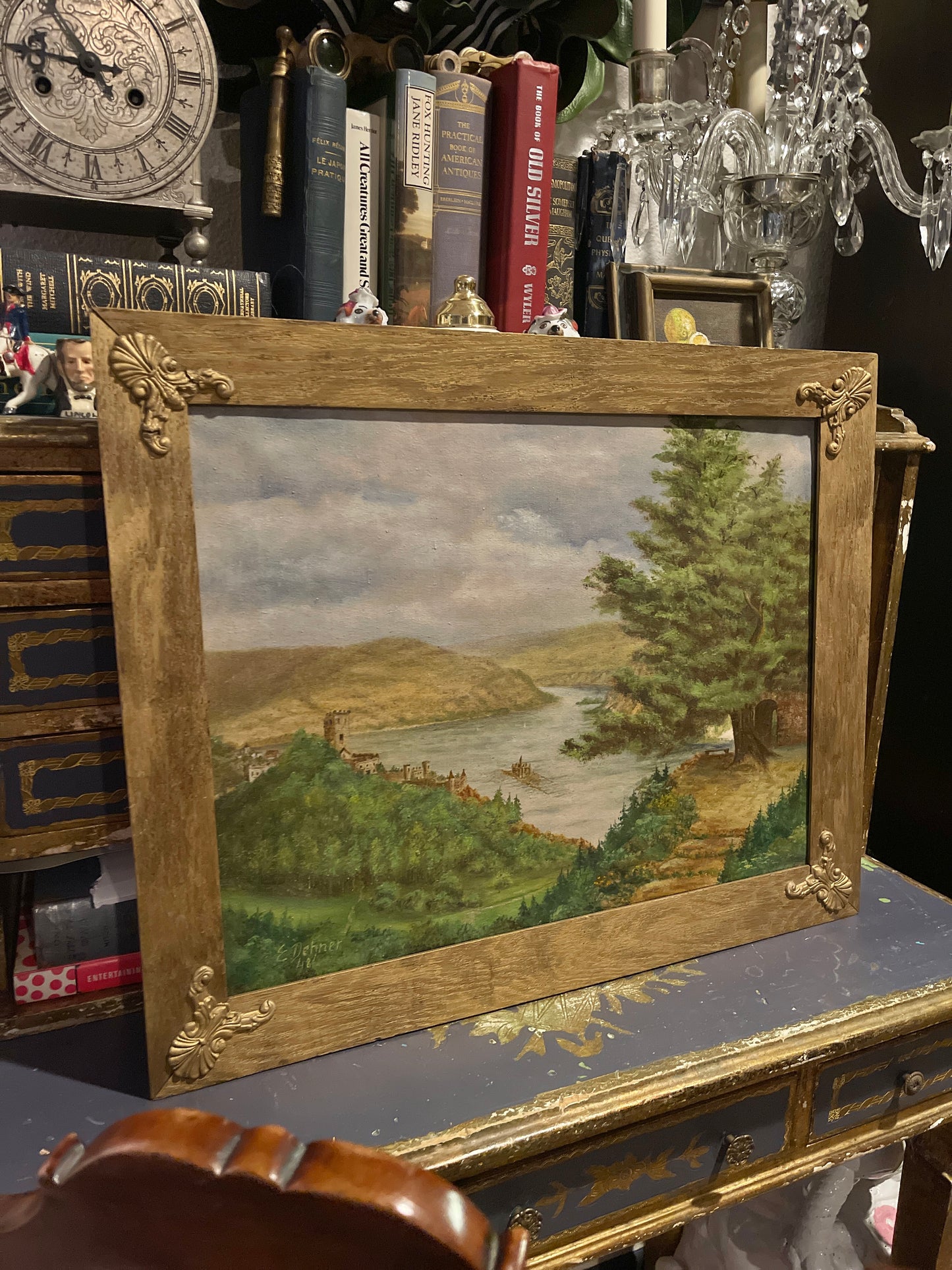 Original Antique Painting of the Rhine River in the Swiss Alps #2, Signed, Framed