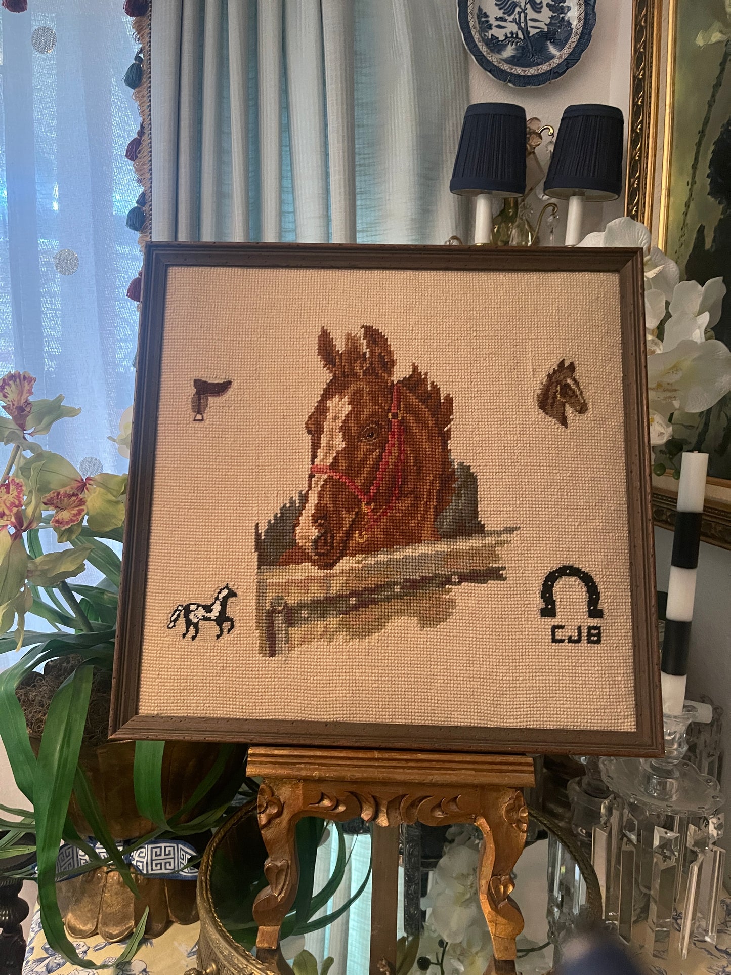 Vintage Western Horse Needlepoint, Framed Americana Ralph Lauren Style Equestrian Art