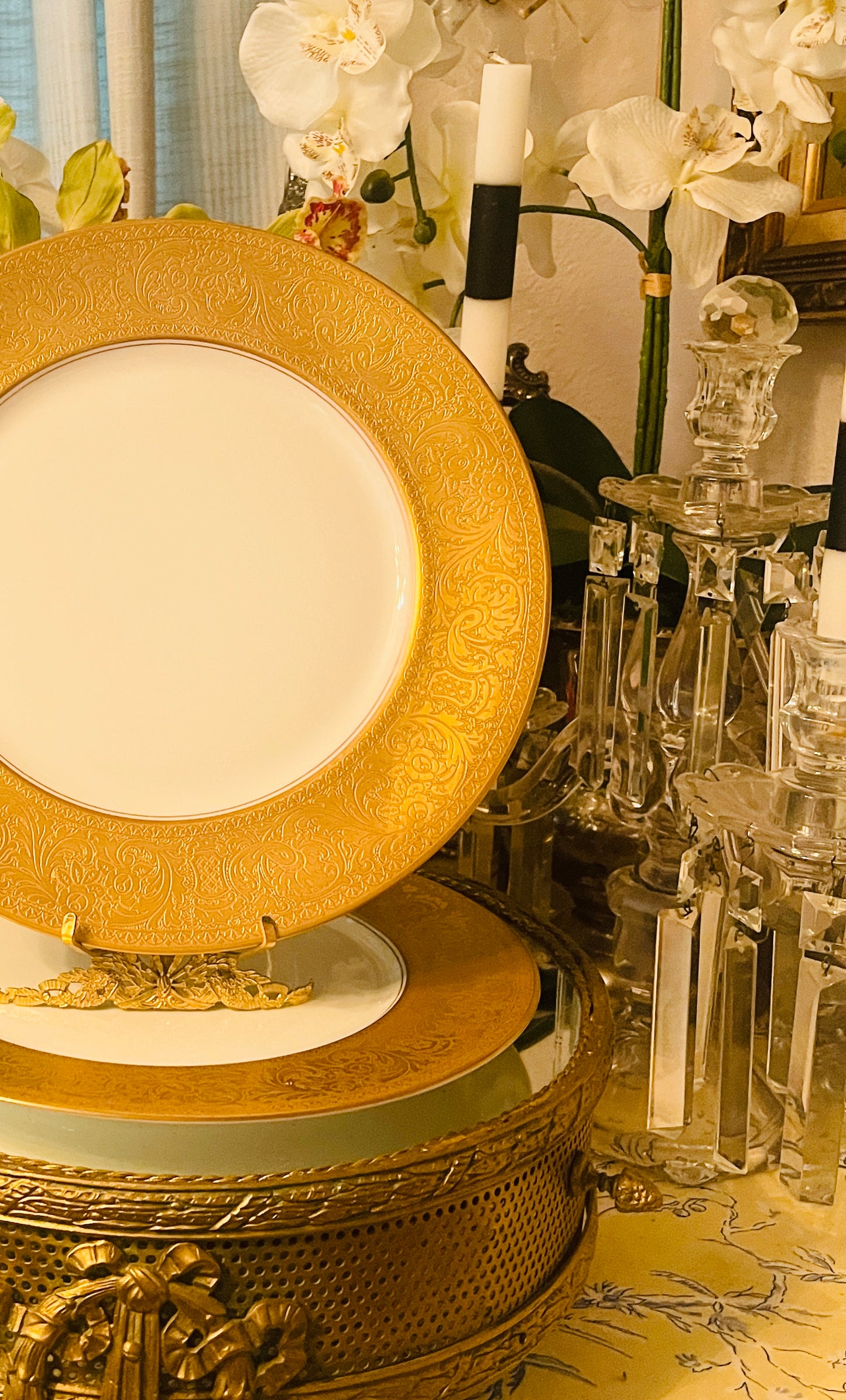 H&C Heinrich & Co Selb Bavaria 24kt Gold Embossed 11” Charger/Dinner Plates, Sold in Pairs