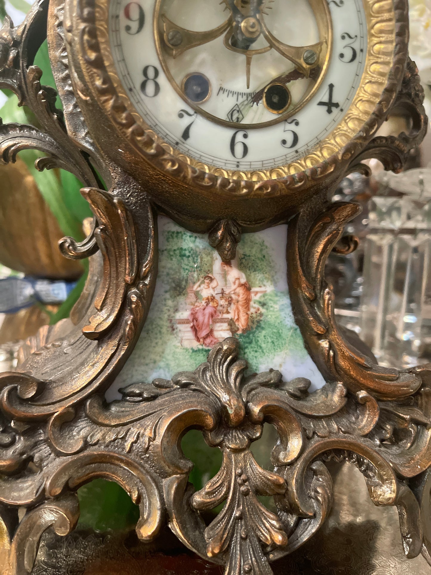 Antique French Ormolu Bronze Mantel Clock with Hand Painted Porcelain Adornment