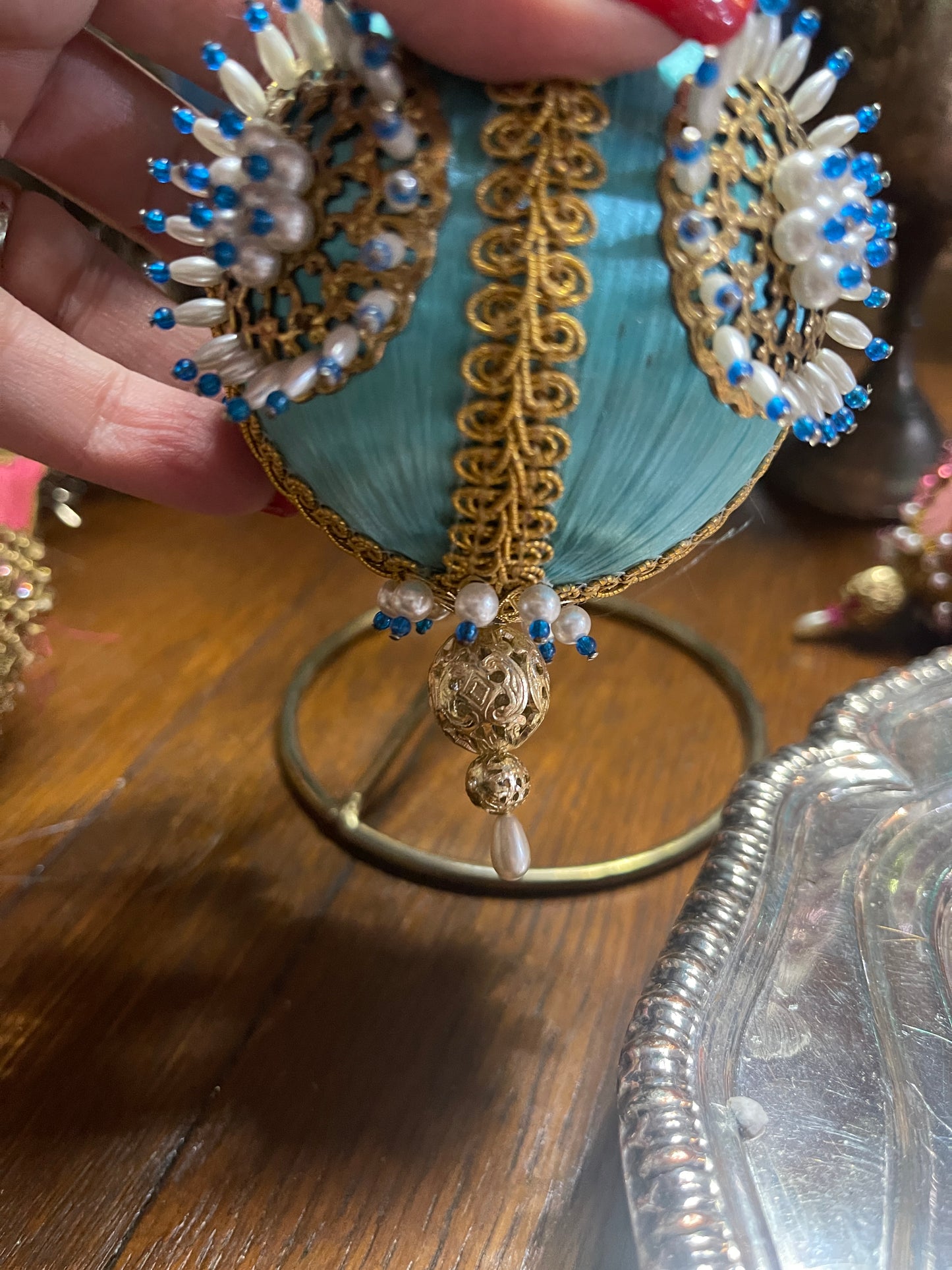 Blue and Gold Vintage Push Pin Christmas Ornament