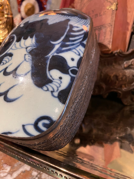 Vintage Blue & White Porcelain Shard Box with Foo Dog Motif | Decorative Trinket Box | Chinoiserie Accent
