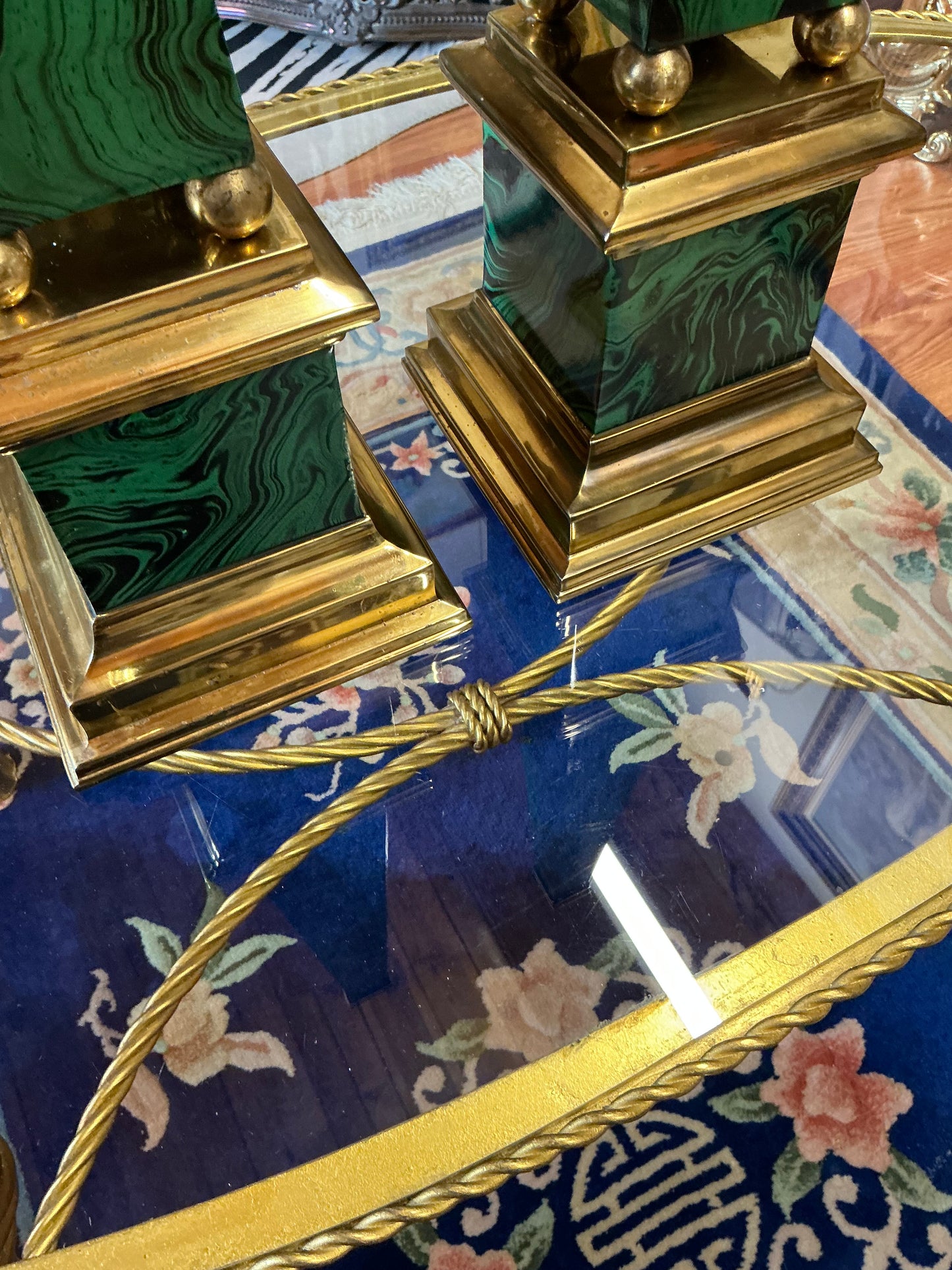 Vintage Faux Malachite and Brass Obelisks Pair