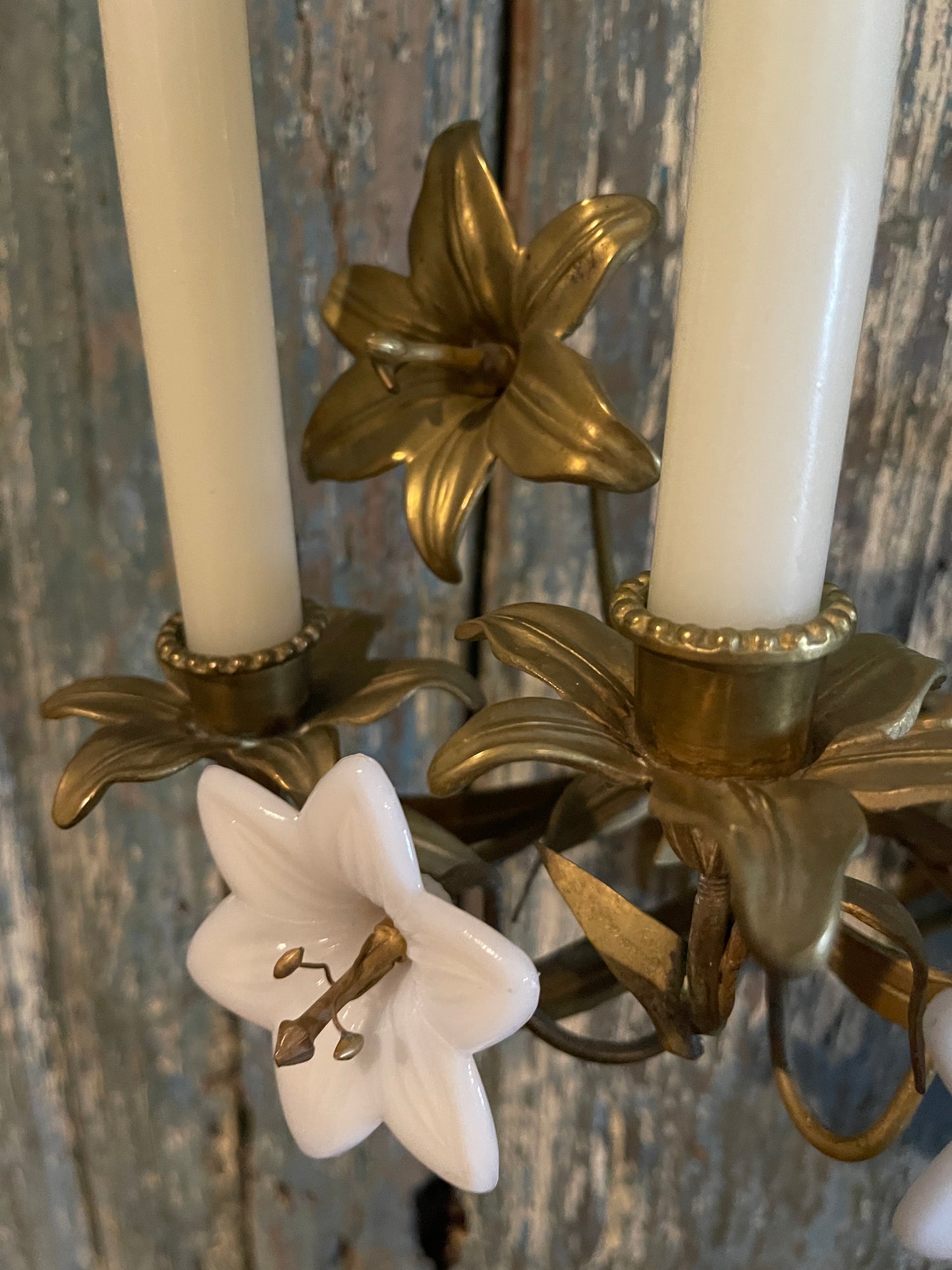 Antique French Church Gold Tole and Milk Glass Wall Sconces, Pair