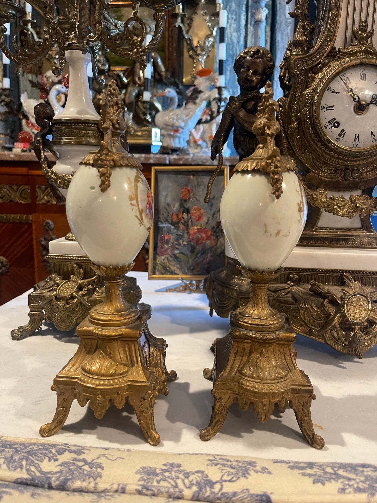 Antique French Sevres-Style Garniture Statues — 19th-Century Hand-Painted Porcelain with Ormolu Mounts