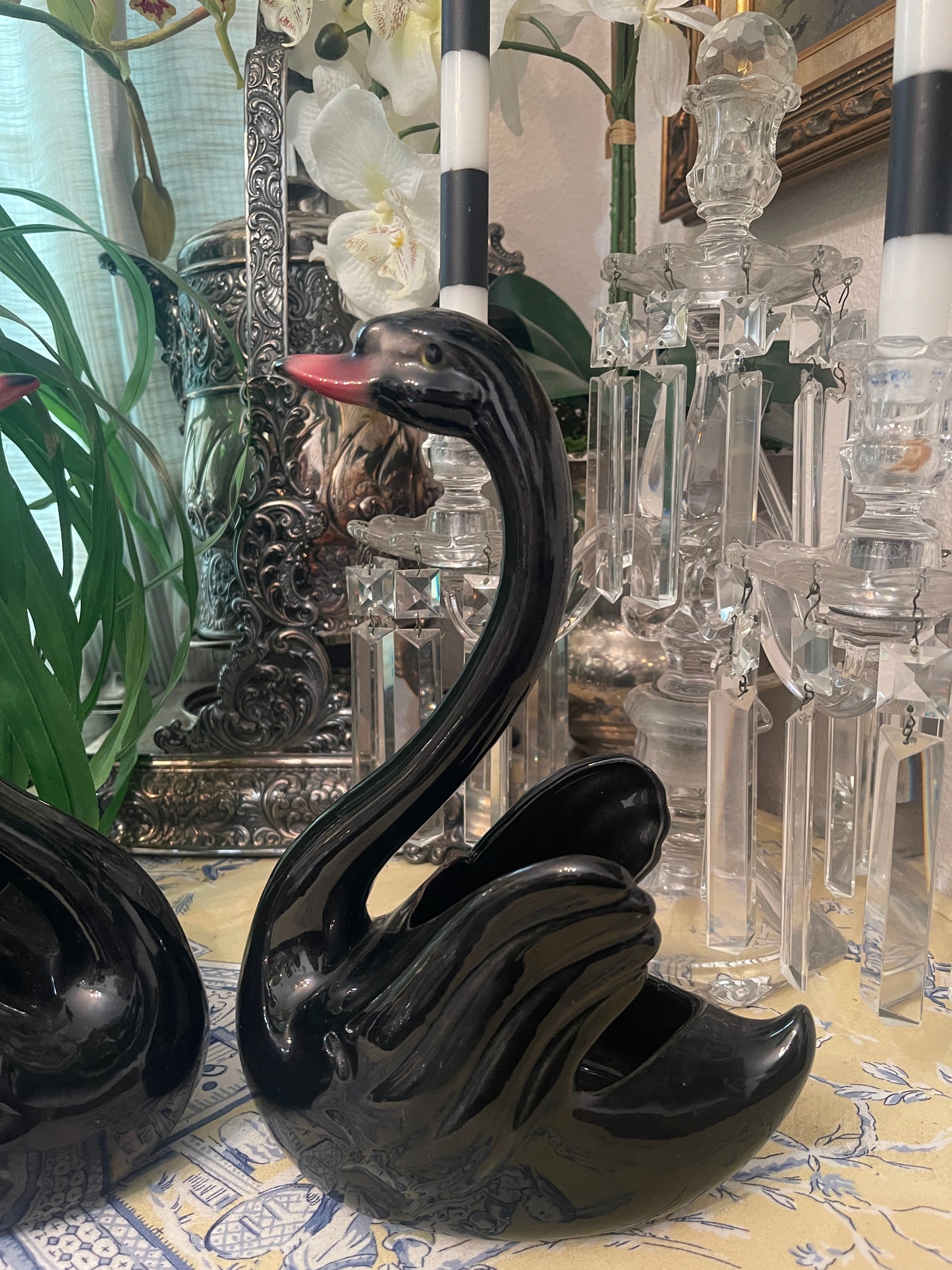 Black Swan Cache Pot Planter Pair, Mid 20th Century, Maddox Pottery