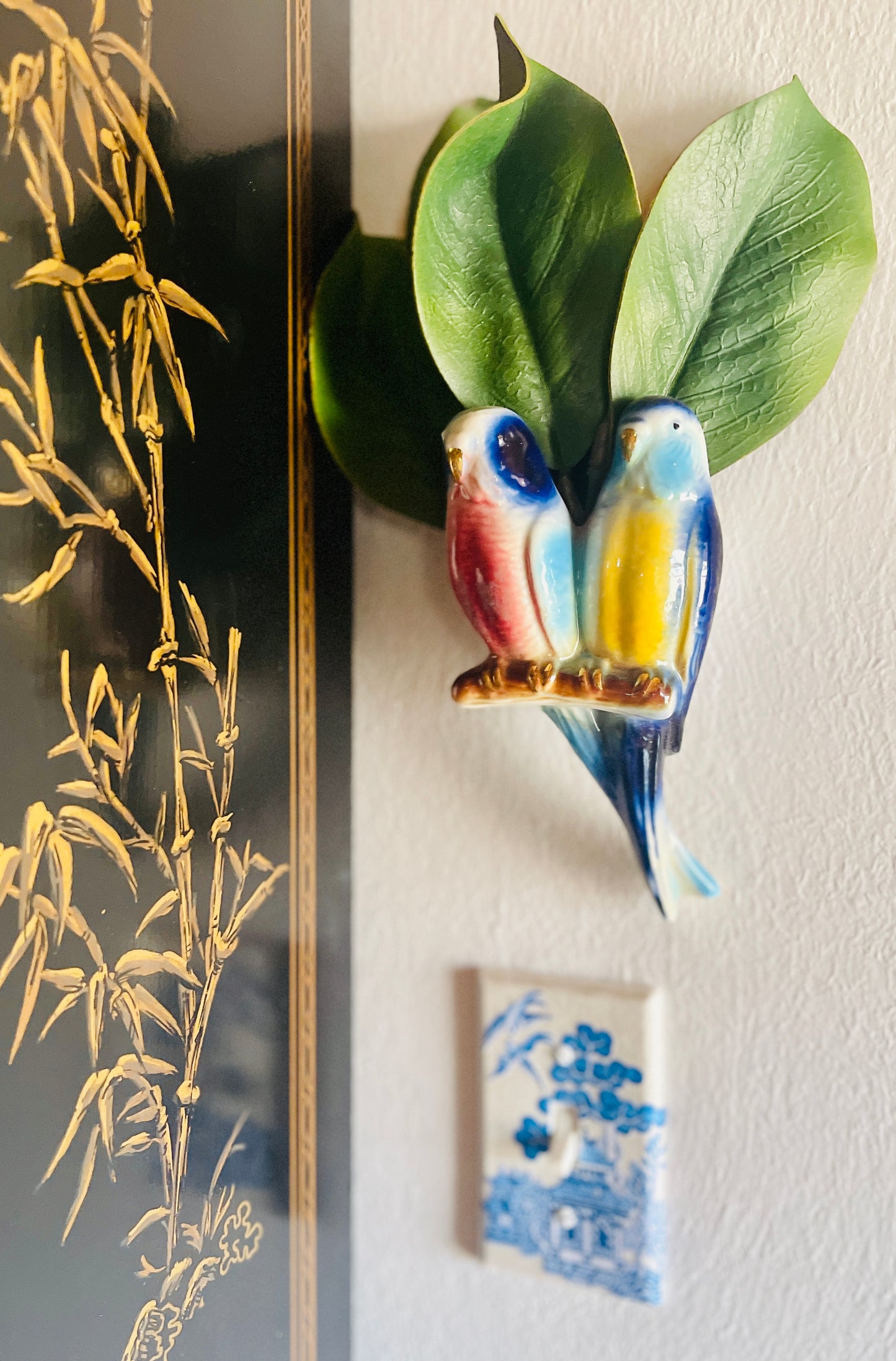 Vintage Budgie Parakeet Wall Pocket, Vibrant Blues, Pinks and Yellows with Gold Detail