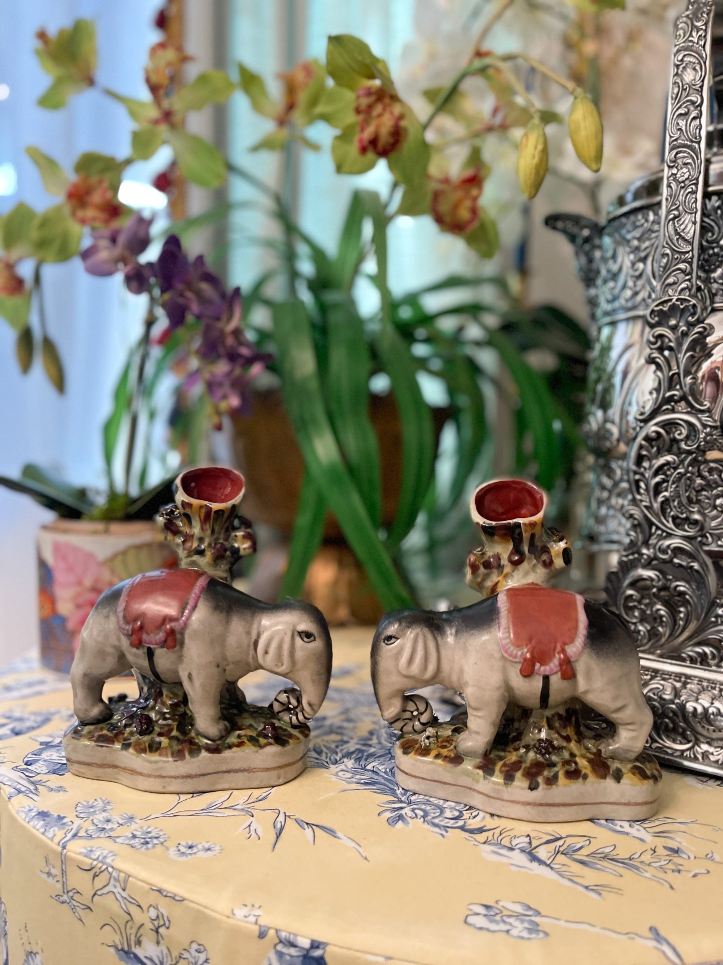 Pair of Staffordshire Style Elephant Spill Vases, Mirrored Pair, Vintage