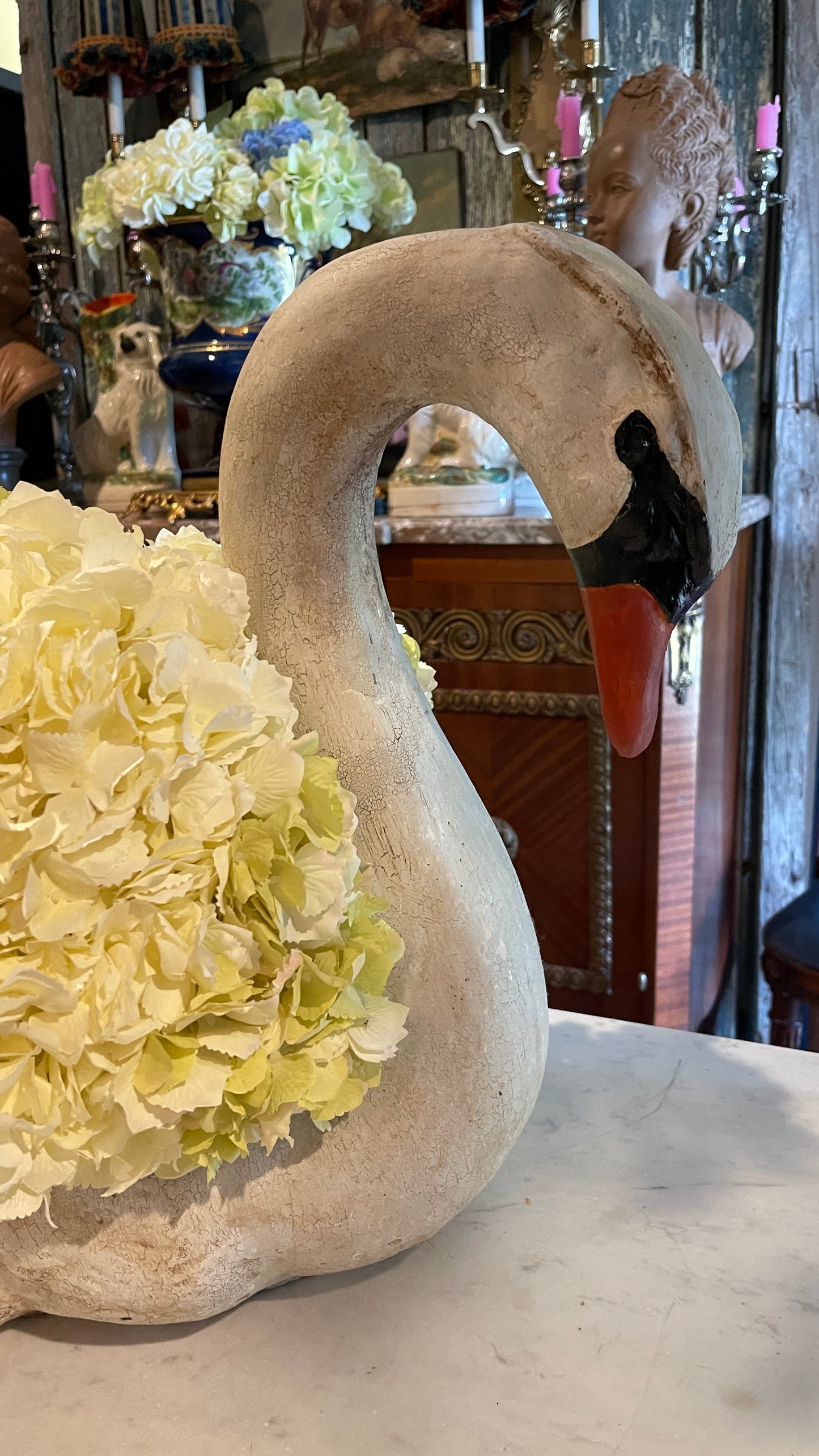 Vintage Estate Cement Swan Garden Sculpture | Weathered Planter | English Garden Style