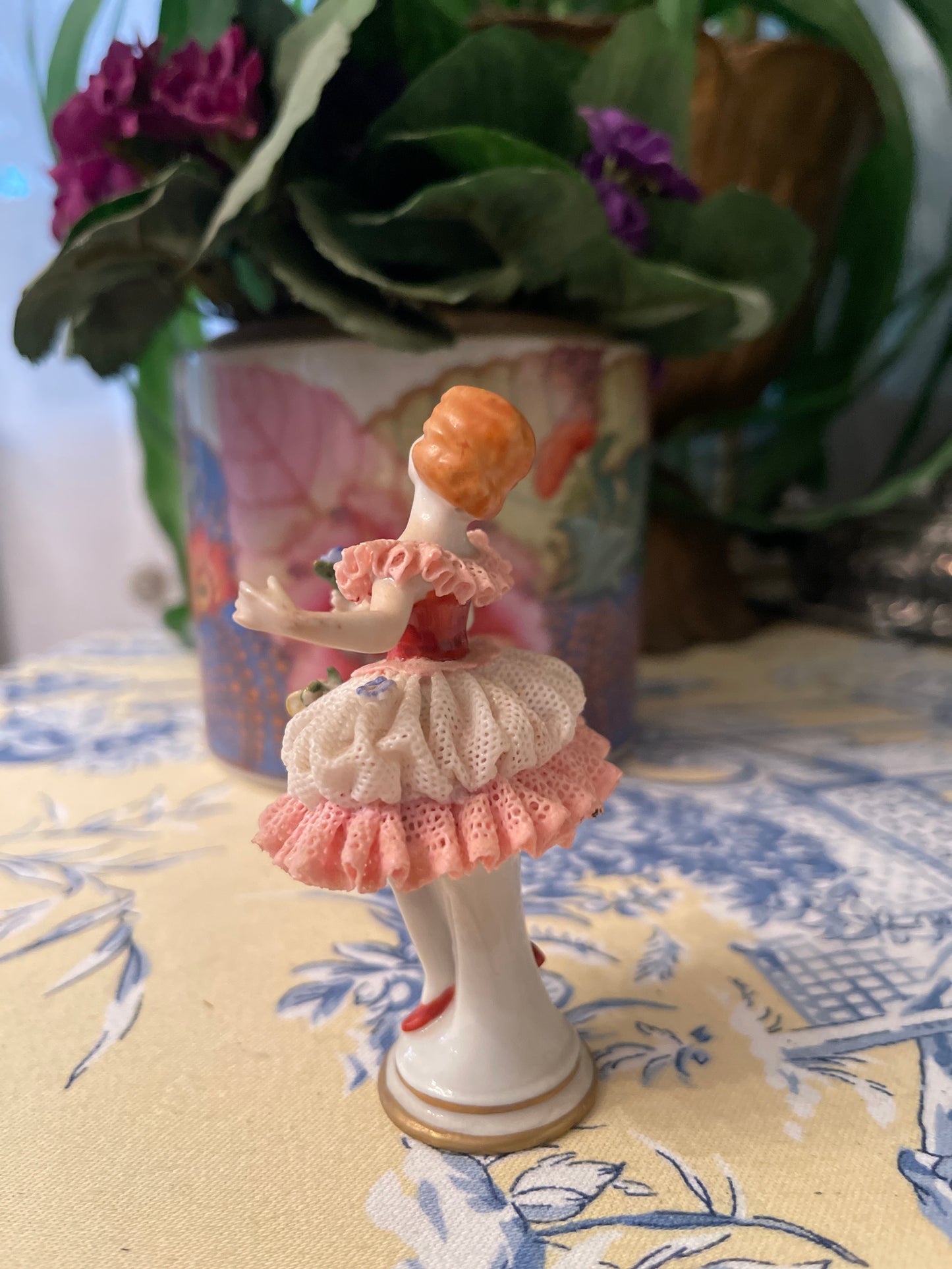 German Volkstedt Porcelain Lace Ballerina Lady Holding Flower
