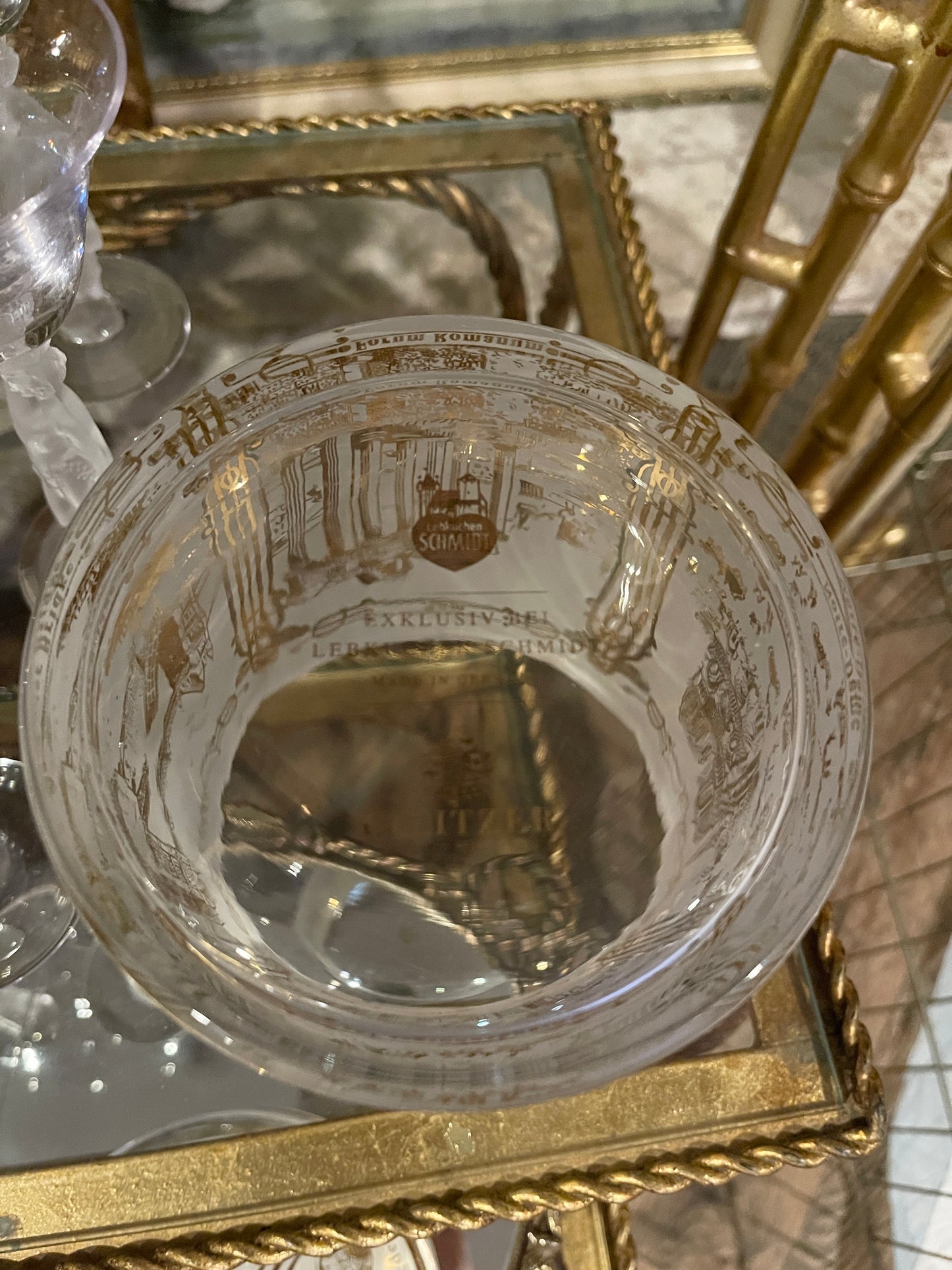 Lebkuchen Schmidt Lidded Canister, Frosted Glass, Gilt Scenes from Paris and London