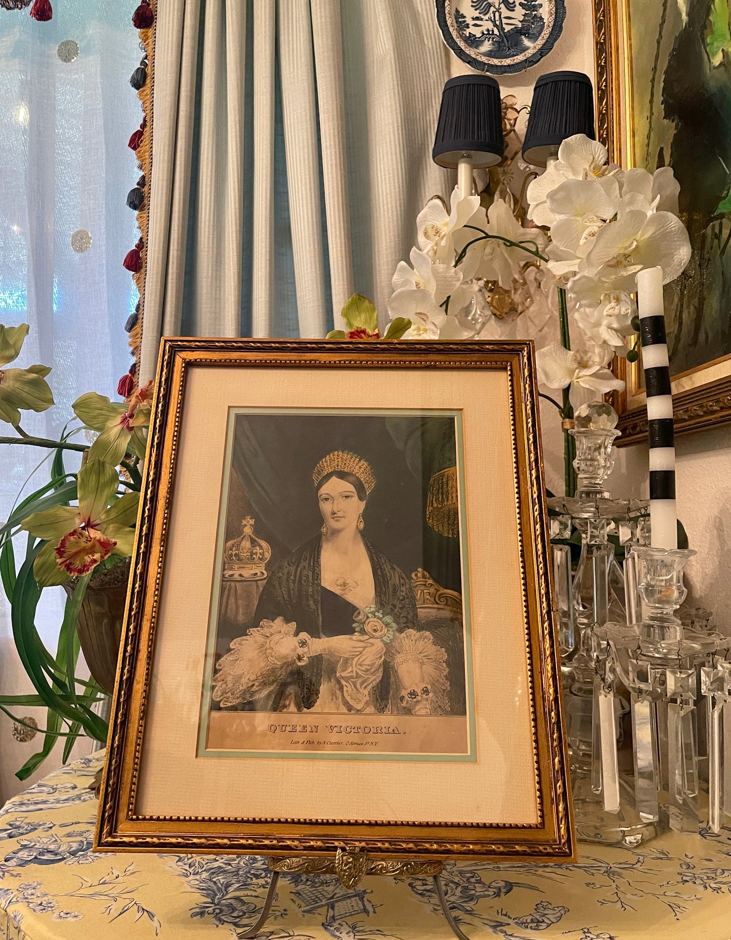 Stunning Queen Victoria Hand Colored Antique Lithograph by Nathaniel Currier, Estate Decor