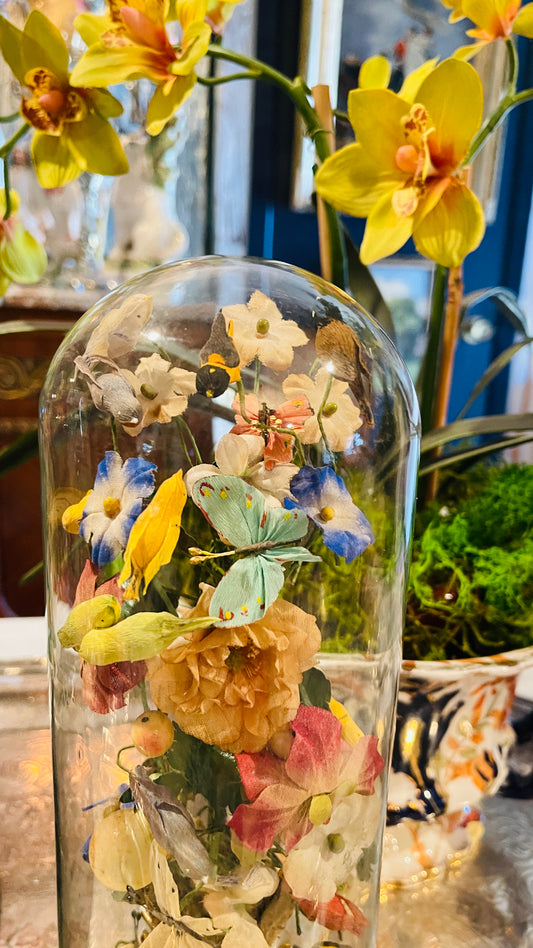 Antique Victorian Silk Flowers in Porcelain Urn Under Glass Cloche