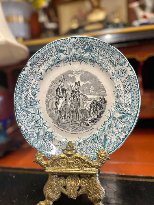 French General Demain Sarreguemines Napoleon - 19th Century Antique French Digoin & Sarreguemines Teal & Black Napoleon Dessert Plate