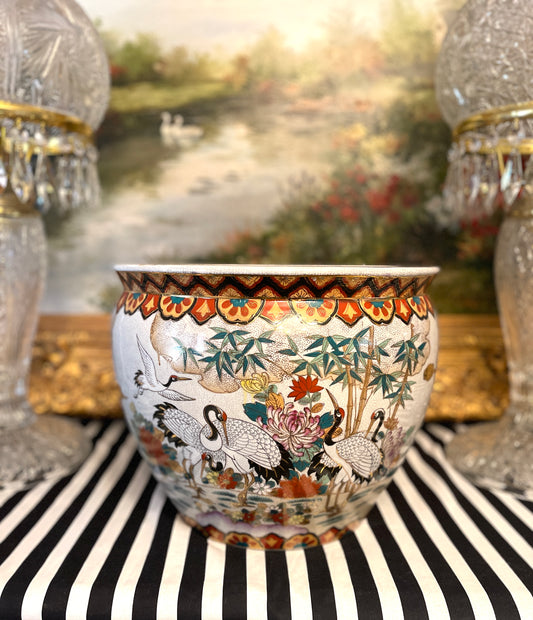 Vintage Chinoiserie Heron Fishbowl Planter