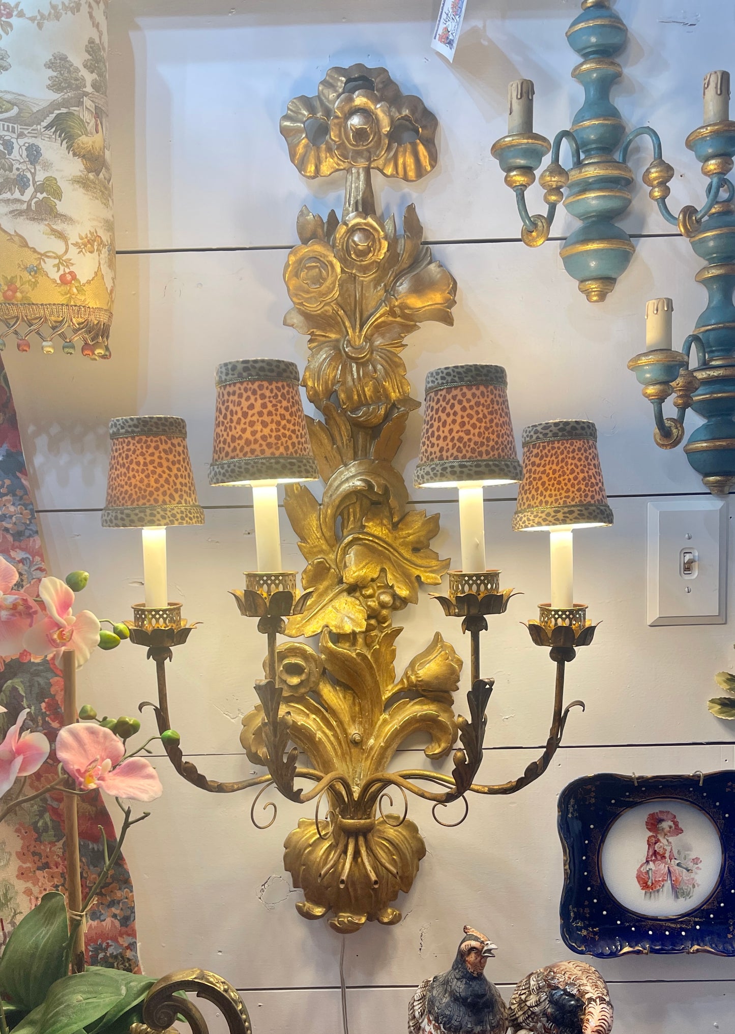 Italian Gilt Wood Wall Sconce, Carved Flowers with Bow, Four Light, Wired