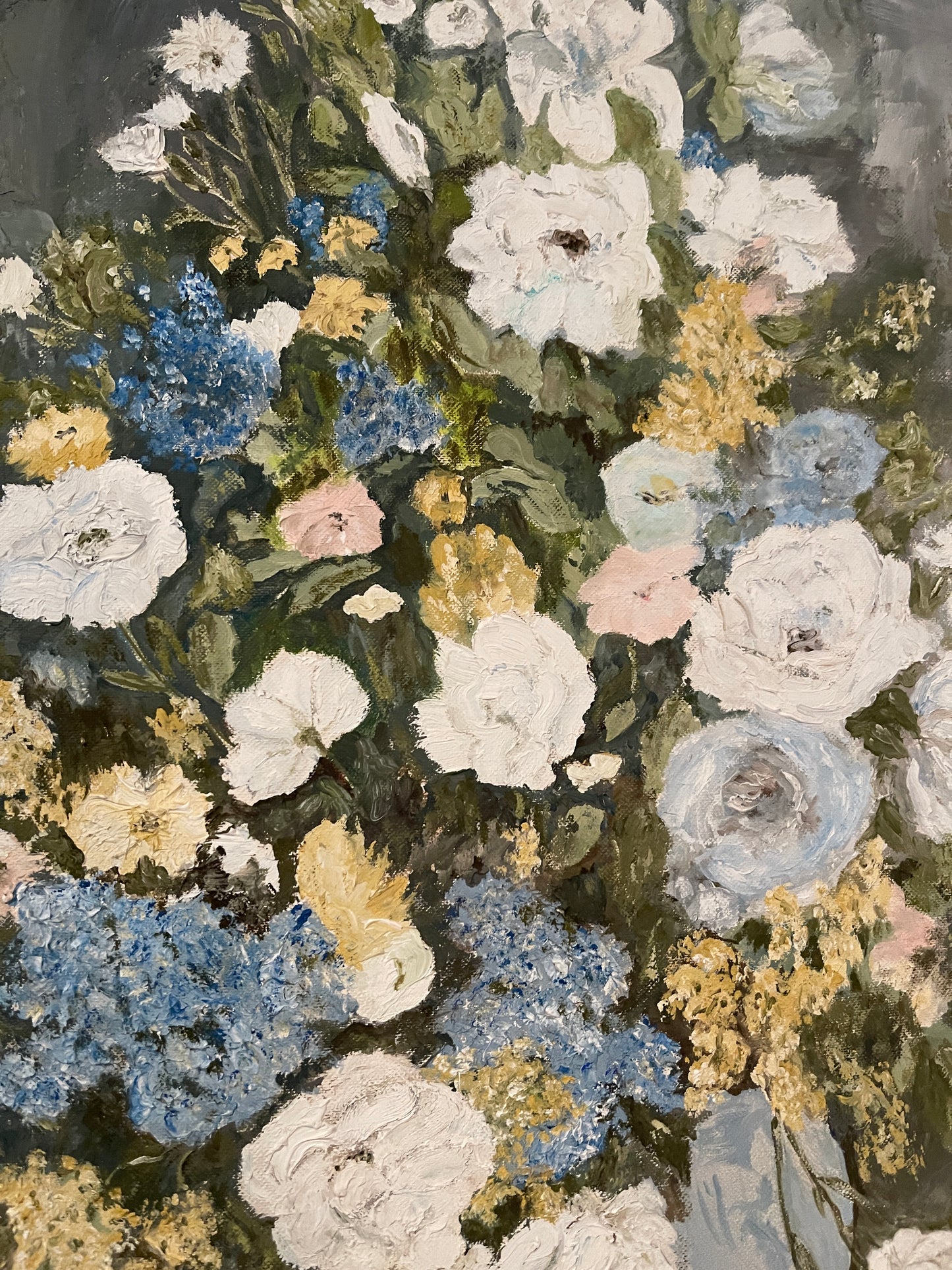 Vintage Painting of vased Flowers in Pink, Blue, White and Yellow