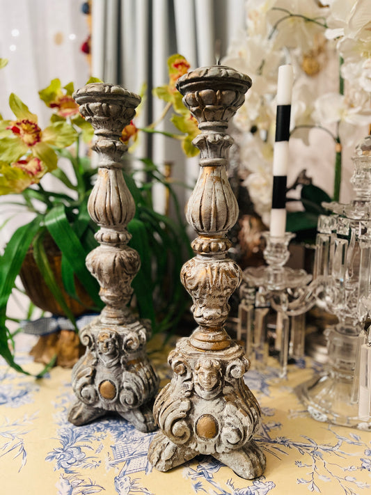 Ornately Carved Wood Empire Candlestick Pair with Claw Feet and Cherubs, Vintage