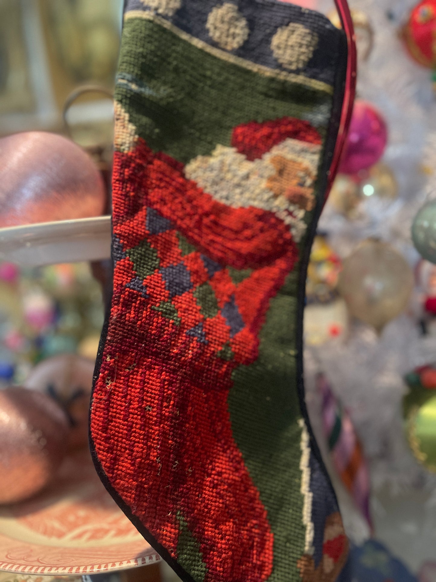 Vintage Santa Playing Golf Needlepoint Christmas Stocking