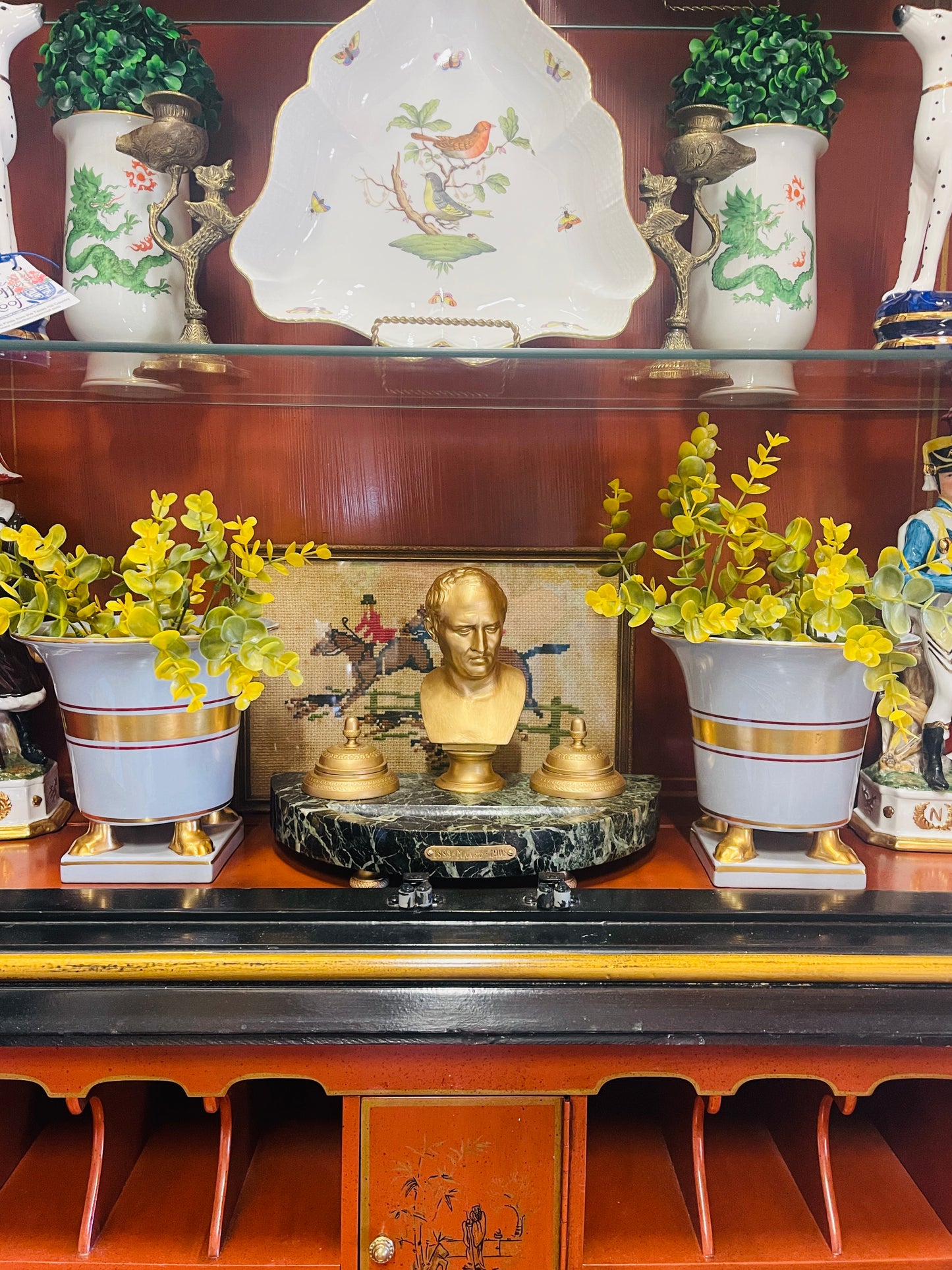 Porcelain Empire Footed Urns, Gilt Detail, Pair, Vintage