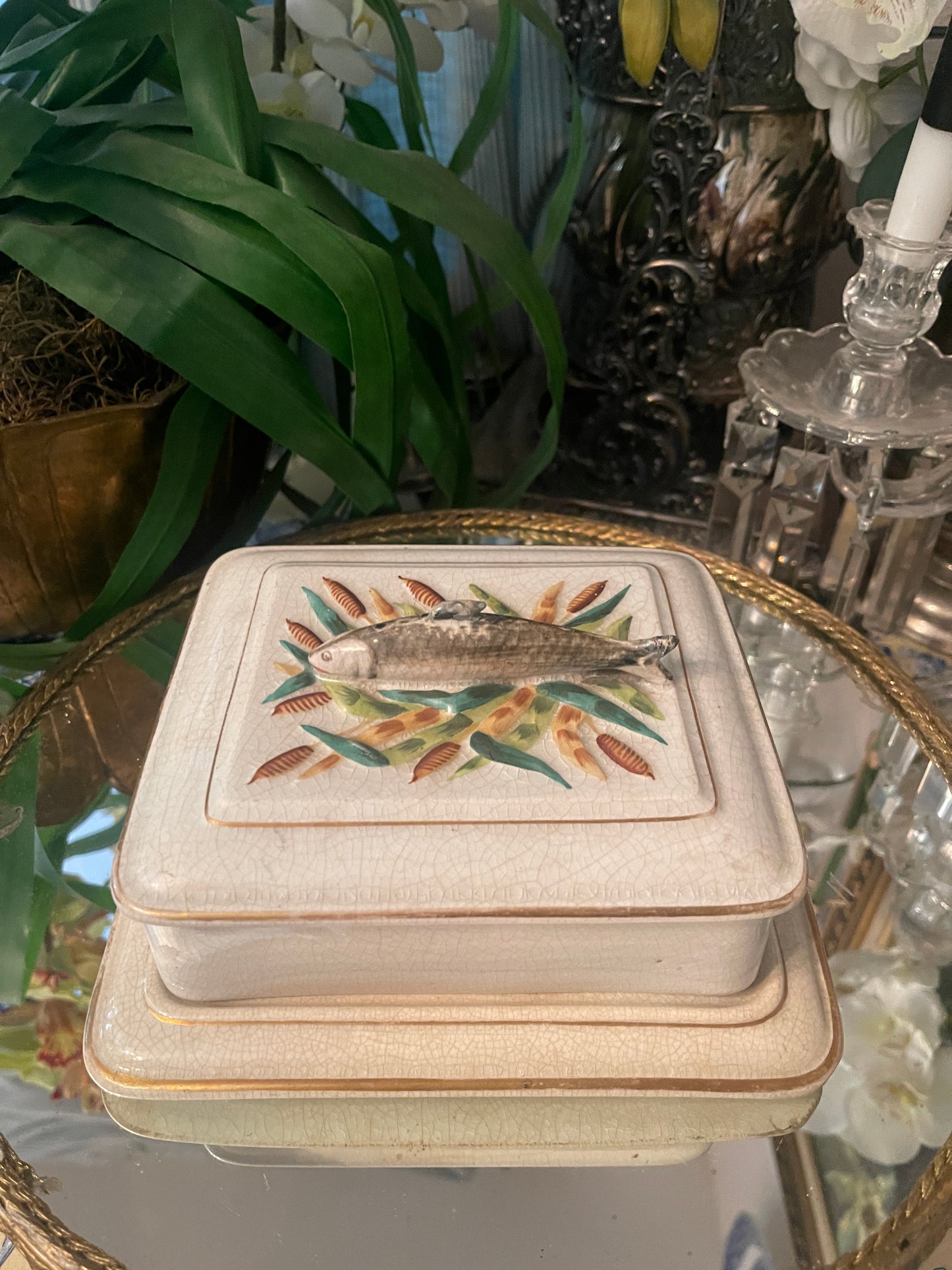 French Porcelain Sardine Box, Antique French Porcelain Sardine Box with Wheat and Fish Motif, Numbered