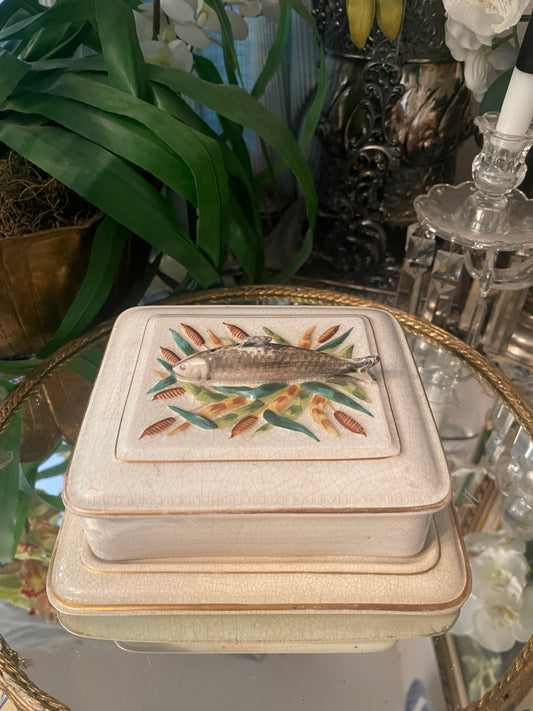 French Porcelain Sardine Box, Antique French Porcelain Sardine Box with Wheat and Fish Motif, Numbered
