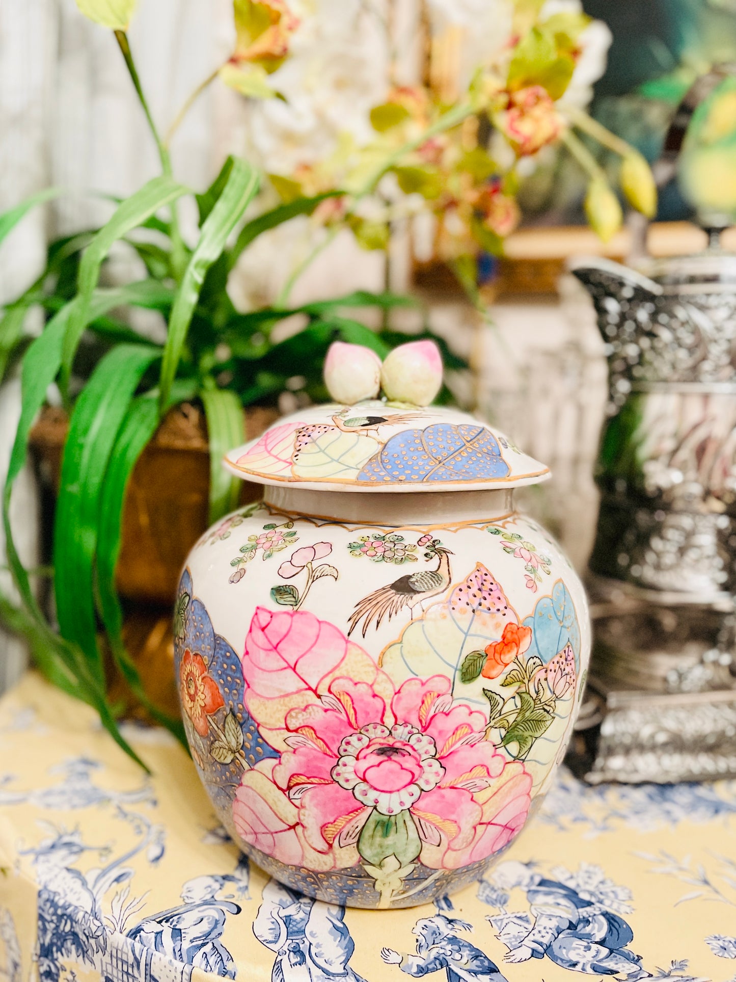 Large Tobacco Leaf Lidded Jar with Applied Fruit and Enamel Foliage