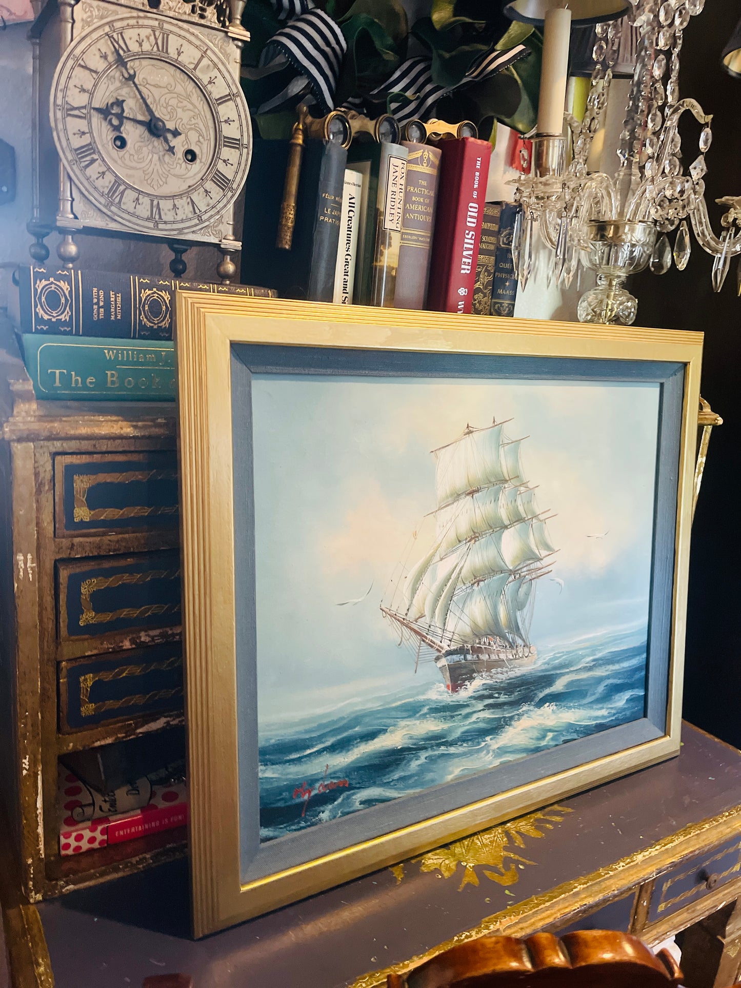 Vintage Nautical Clipper Ship Painting | Estate Art |Framed Oil on Canvas of Tall Sailing Ship at Sea