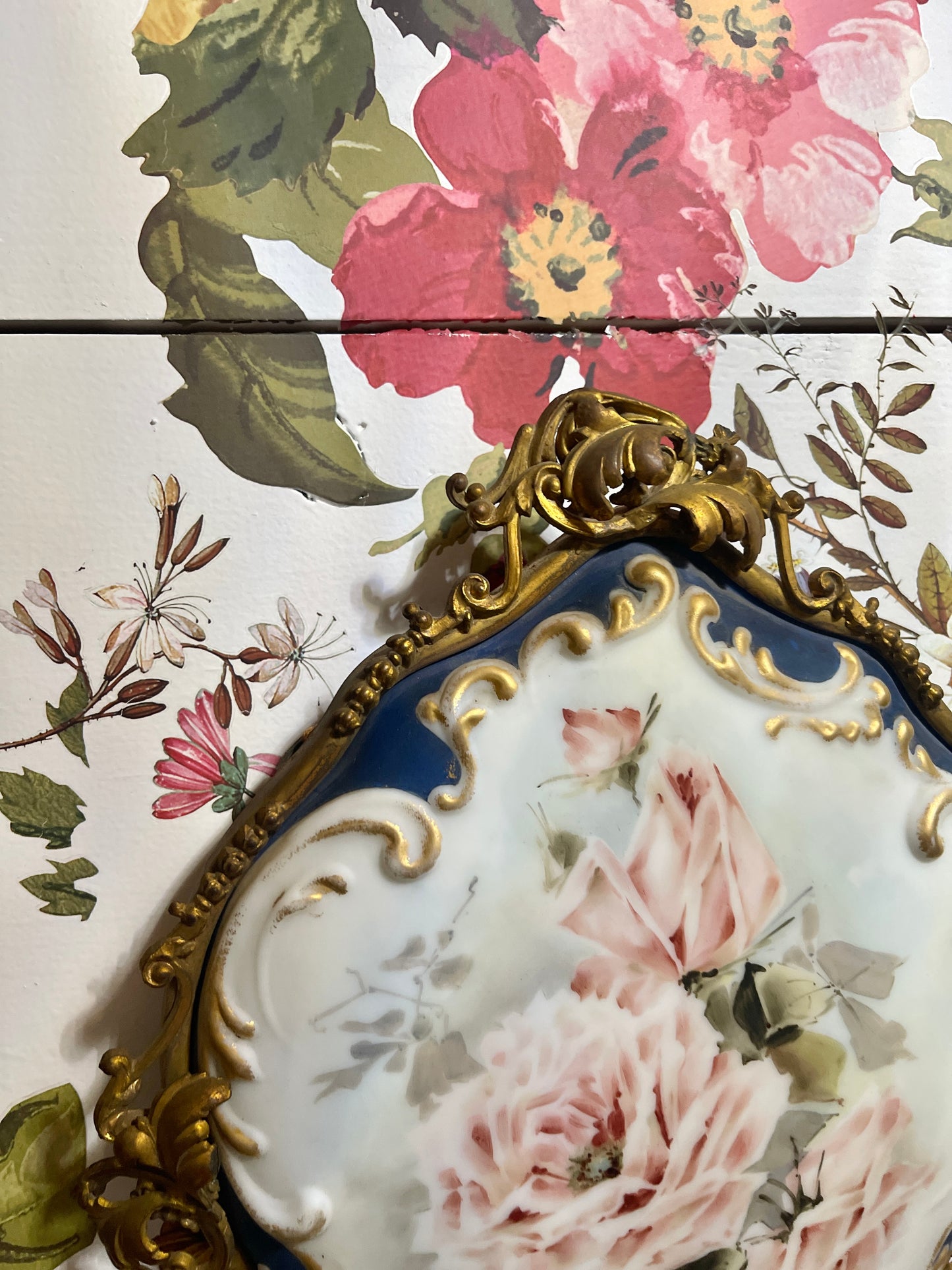 Antique Wave Crest Porcelain Plaque, Pink Roses on Opaque White with Gold Rococo Scrolled Metal Border