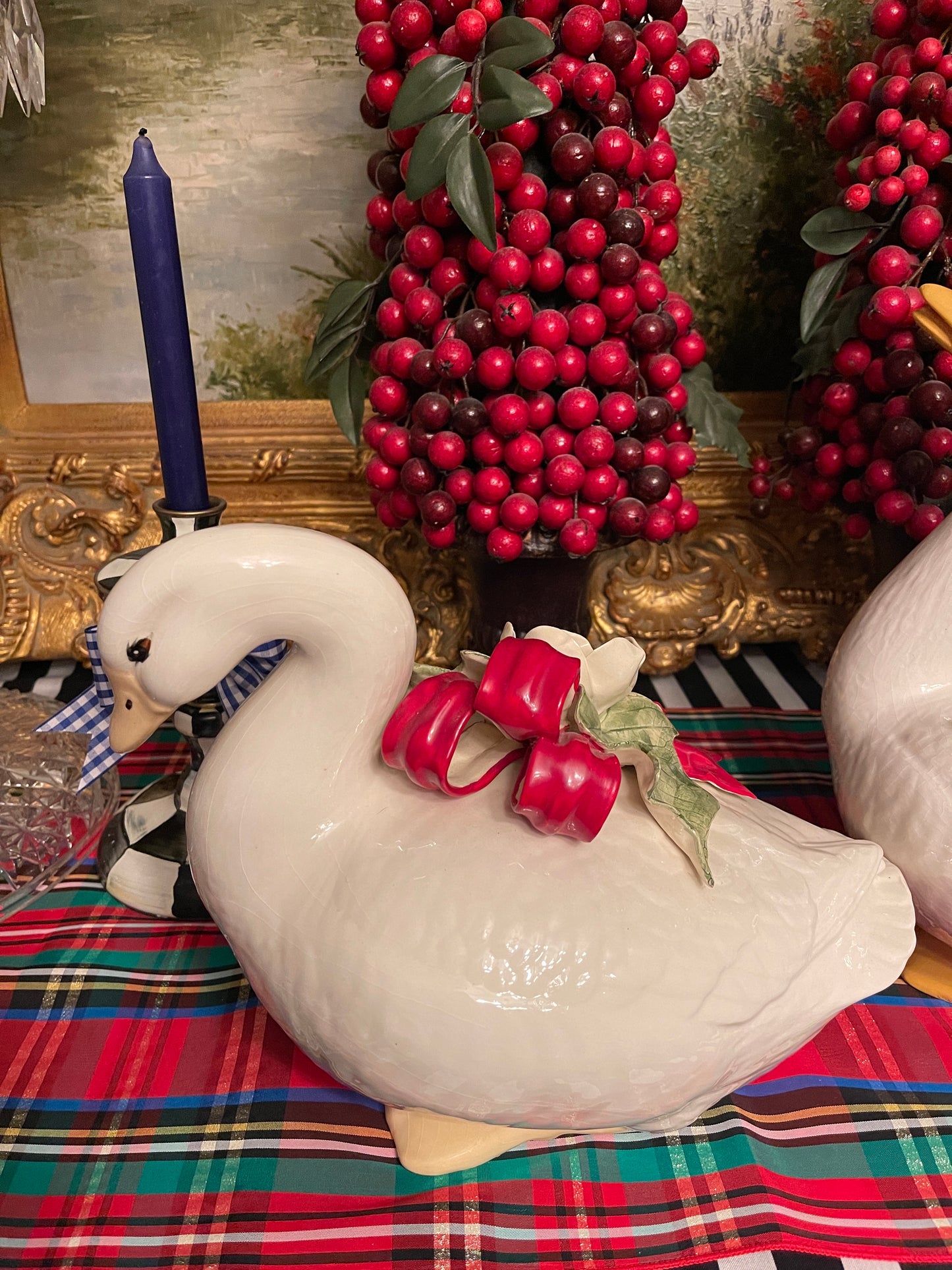 Vintage Christmas Geese with White Flowers and Red Bows, Hand Painted