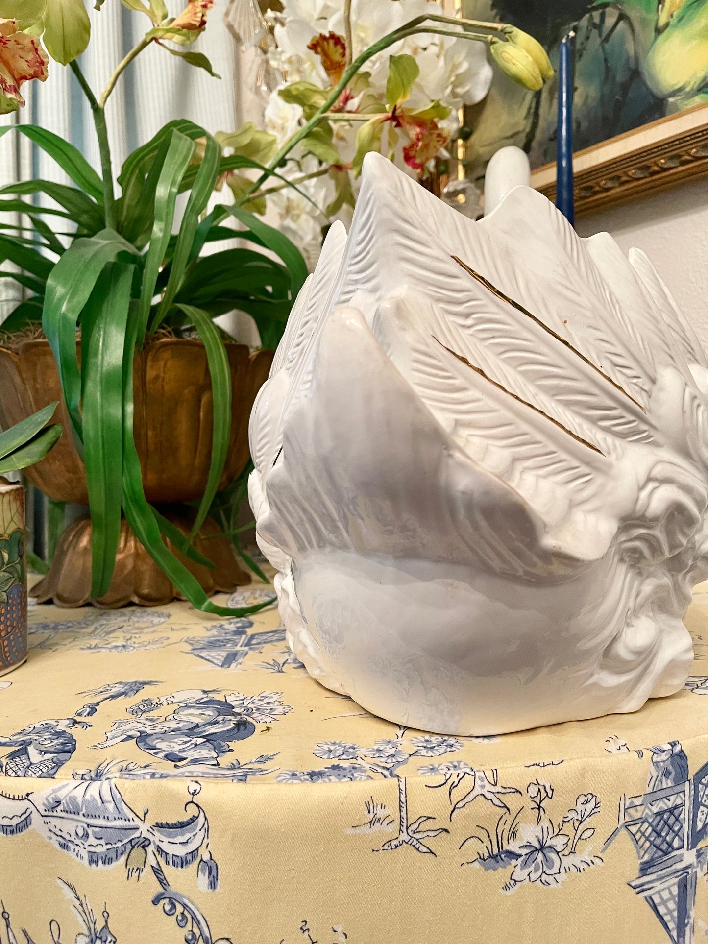 Vintage Italian Swan Planter, Hand Painted, Gold Detail