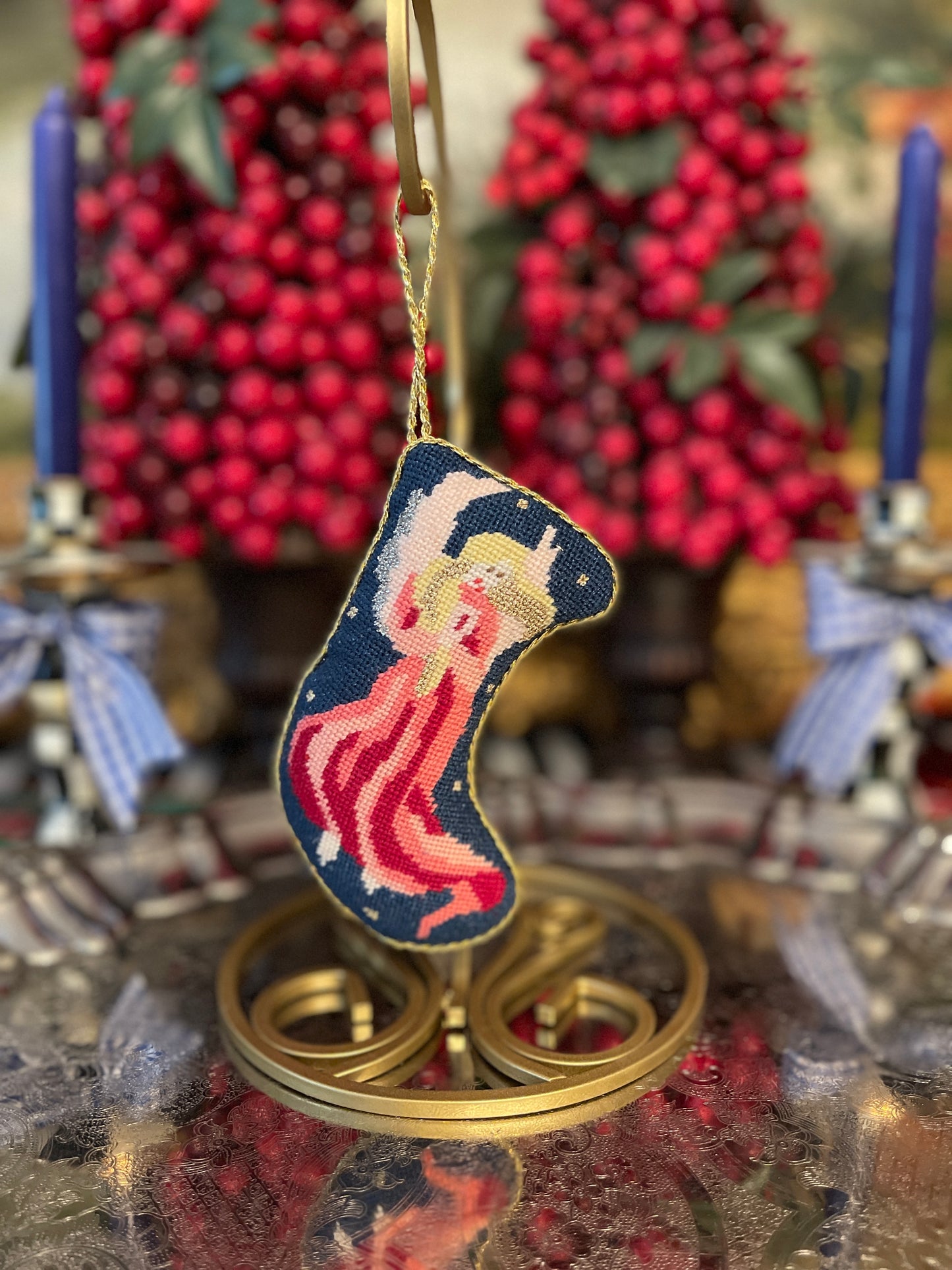 Vintage Needlepoint Angel on a Starry Blue Background Stocking Ornament