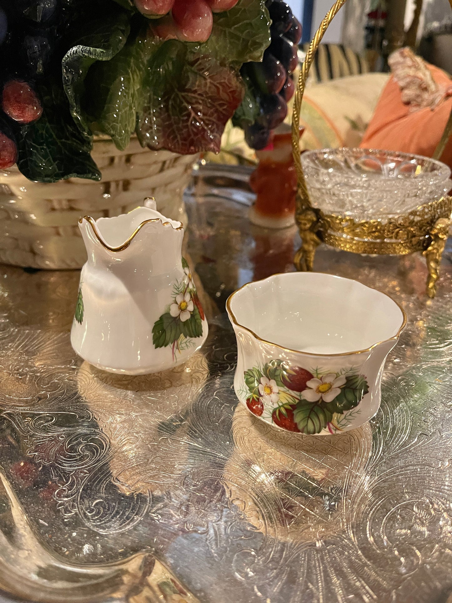 Vintage Strawberry Ripe Hammersley Creamer and Sugar Bowl, Bone China, Made in England