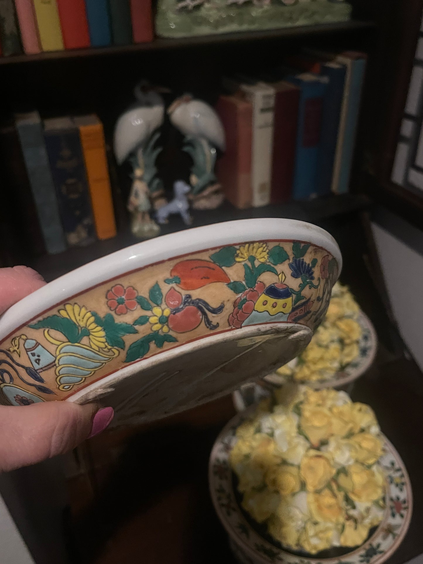 Vintage Chinoiserie Rose Canton Cachepot with Saucer- TWO AVAILABLE